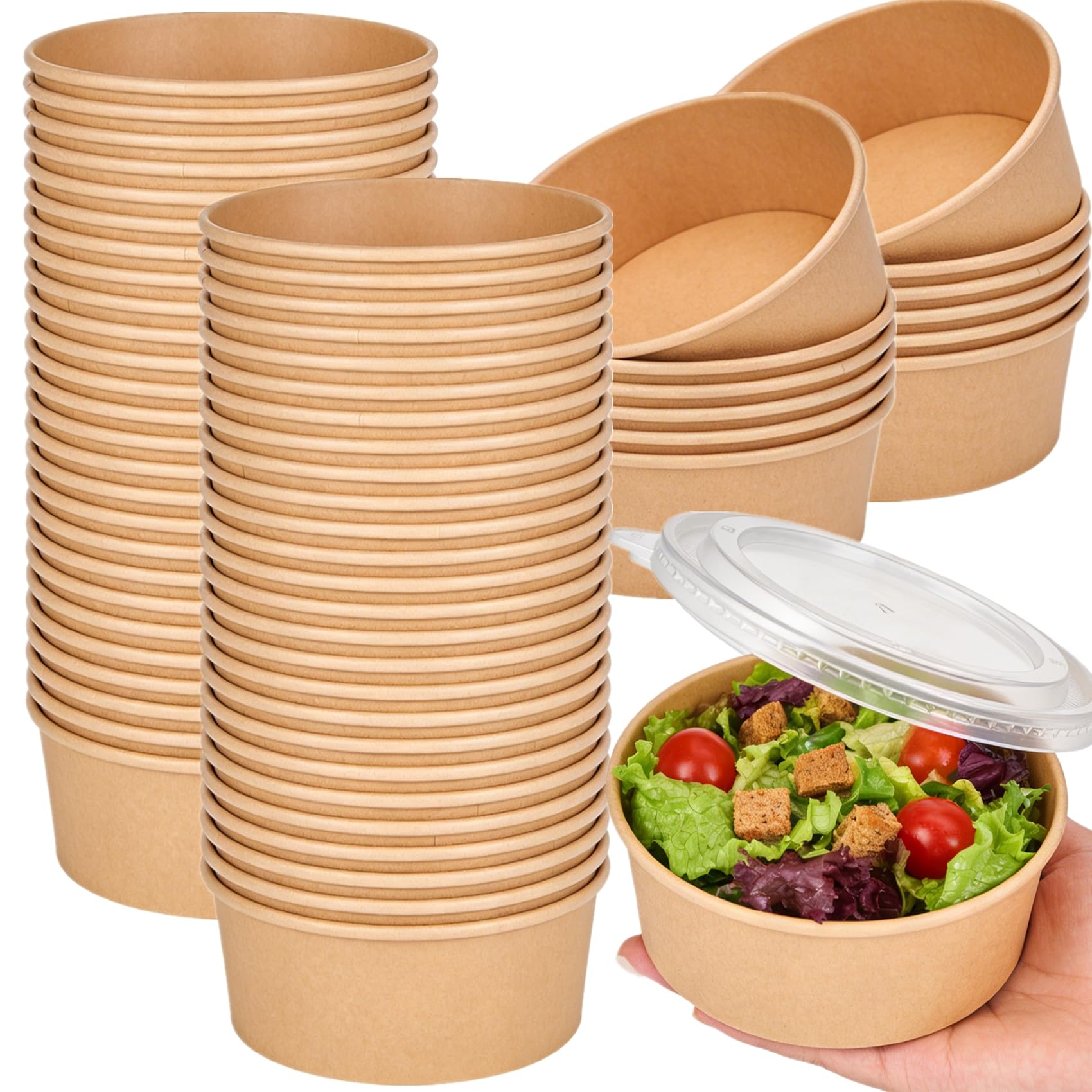 Paquete de 50 cuencos de papel kraft con tapa transparente, 25 onzas, cuencos de papel para servir ensaladas, microondas y congelador, recipientes de alimentos para barbacoa, reuniones y
