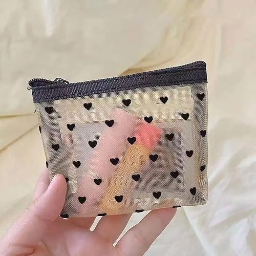 Miniatura 5 de MHDGG Bolsas de maquillaje de malla con estampado de corazón, bolsas de cosméticos de malla para mujeres, mini bolsas de malla con cremallera, bolsa