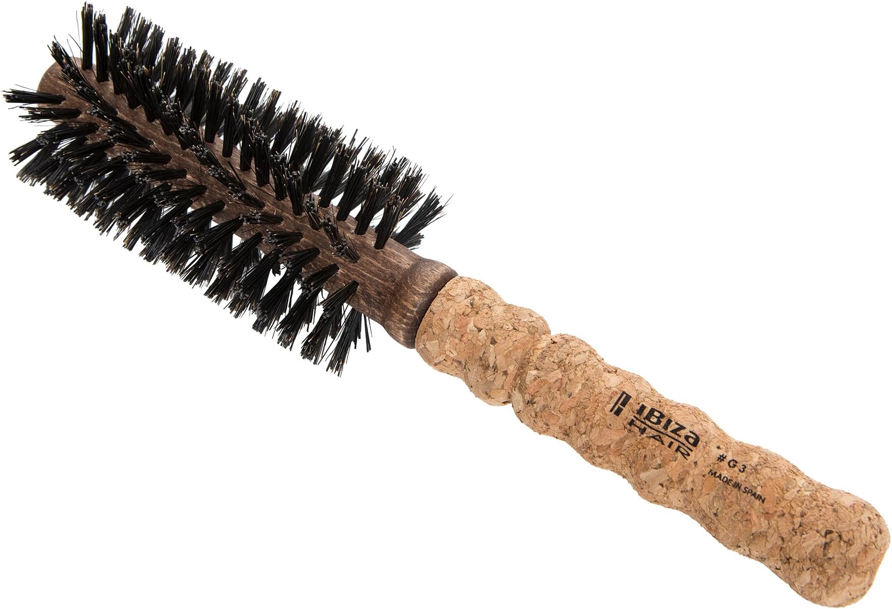 Ibiza Hair Round Boar Bristle Brush (G3-55mm) | Hybrid Boar & Carbon Fiber Nylon Bristles with Cork Handle | Ideal for Beachy Waves & Curls | Adds Texture & Shine for Medium to Long Styles