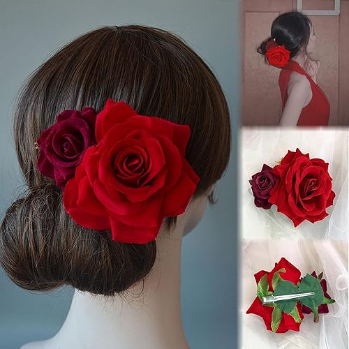 Peines de pelo de flores, flor de rosa, bohemia, horquilla, novia, Hanfu, decoración de pelo para fiesta, boda, rojo y vino