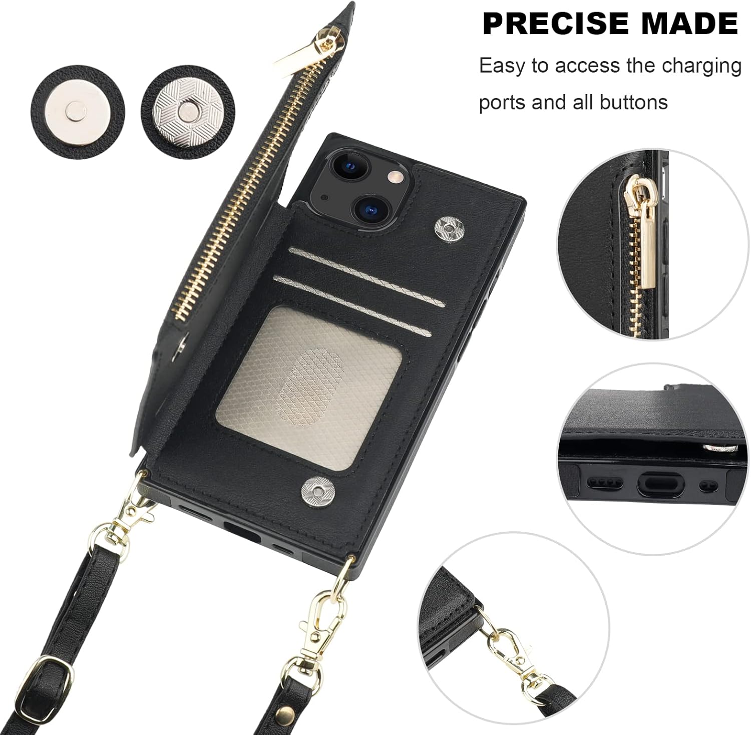Bocasal Crossbody Wallet Case for iPhone 13 Mini with RFID Blocking Card Slot Holder, Magnetic Flip Folio Purse Case, PU Leather Zipper Handbag with Detachable Lanyard Strap 5.4 Inch 5G (Black)