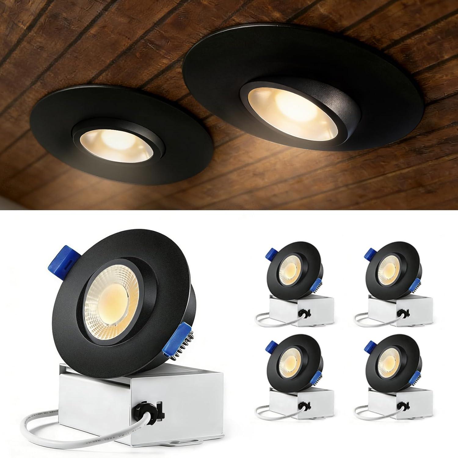 Sublimation Black 4 Packs 3 Inch led recessed Light 10w,3 Colors Adjustable 3000K/4000K/5000K,Waterproof recessed Lights for Shower,Suitable for Bathroom,Parlor,Bedroom,Kitchen,Balcony