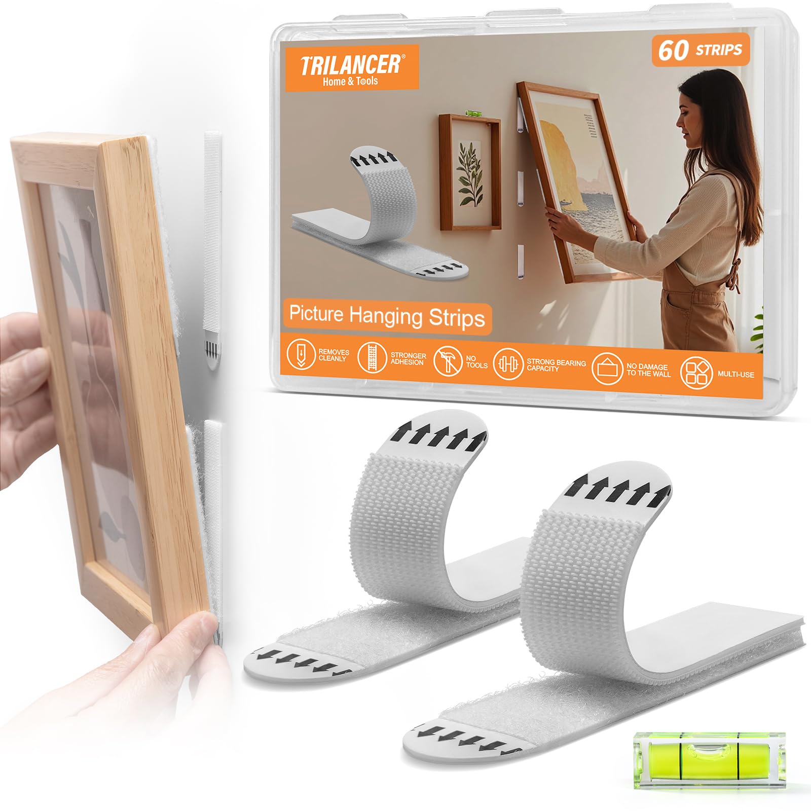 Trilancer Picture Hanging Strips Heavy Duty, 30 Pairs (60 Strips, Large) Damage-Free Adhesive Wall Hanging Strip for Picture Frame,Wall Art, Decoration,No Nail or Tool,Clean Removal for Smooth Surface