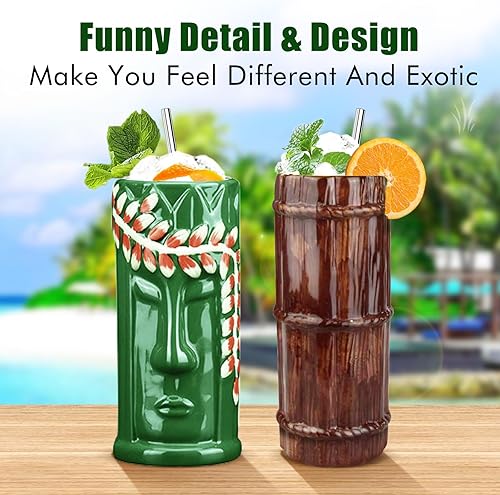 Miniatura 6 de SuproBarware TIKI - Juego de 2 tazas de cerámica TIKI de 15 onzas  14.9 fl oz, estilo tropical, juego de copas de cóctel para amantes del cóctel