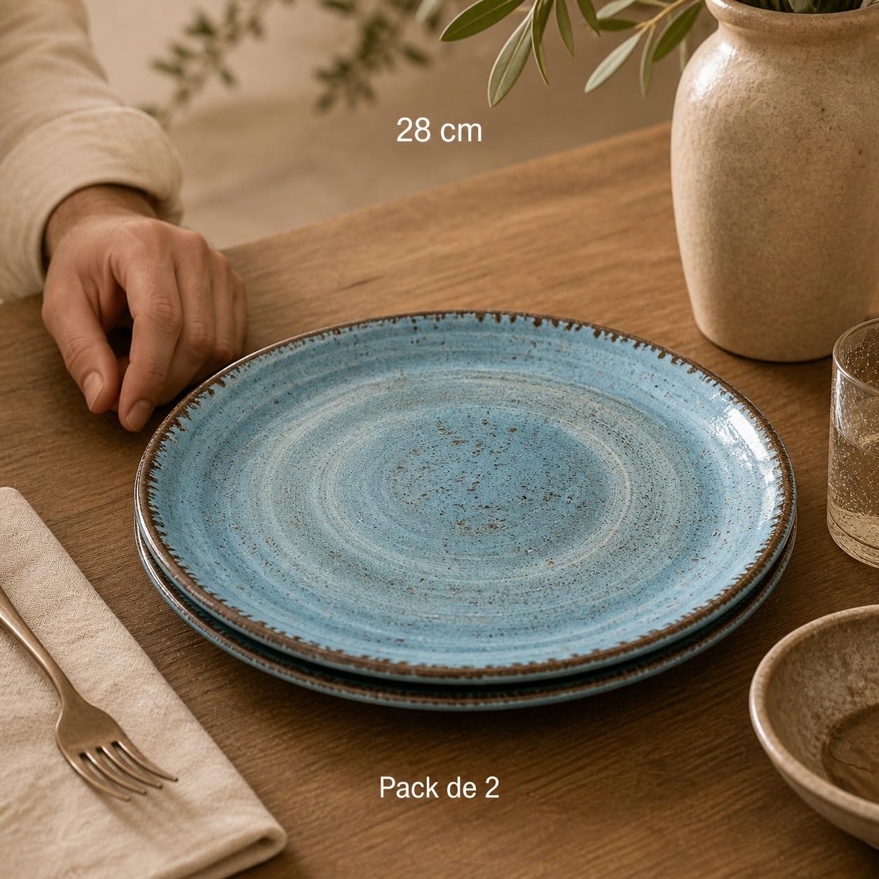 Pack 2 Platos Llanos Melamina 28 cm Azul Piedra | Efecto Cerámica Artesanal Rústica | Vajilla Ceracor Estilo Restaurante Resistente a Roturas, Apta Lavavajillas