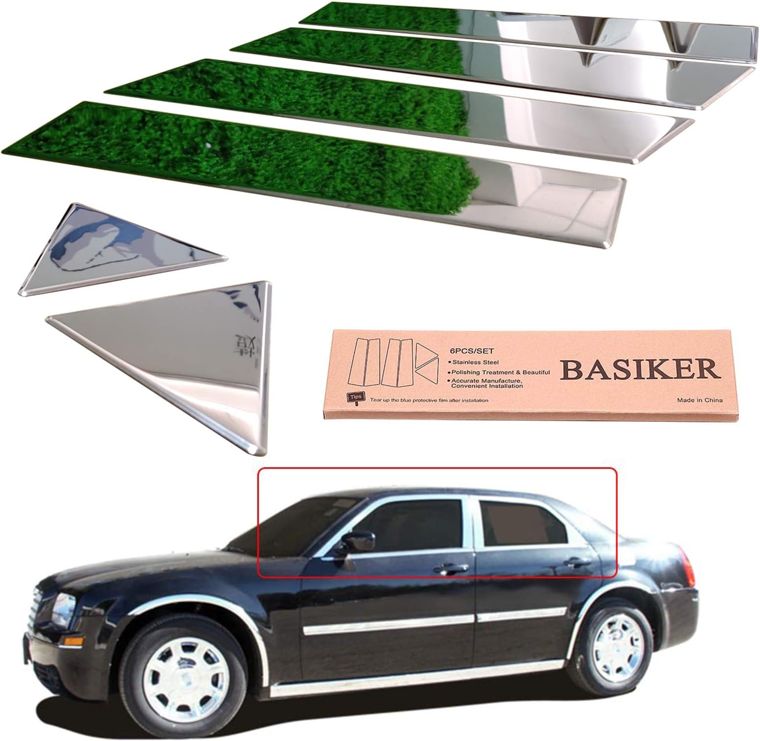 BASIKER Car Door Chrome Pillar Covers Trim Fit for 2005-2010 Chrysler 300 300c Body Exterior Parts Window Trim Molding 304 Stainless Steel
