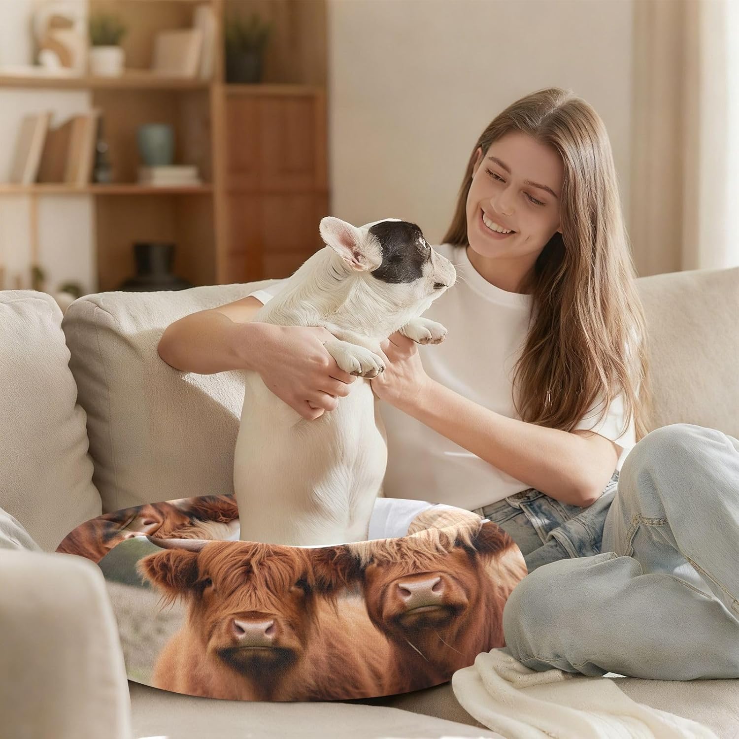 Dog Bed Ultra Soft Fluffy Comfortable Cat Bed, Highland Cows Washable Dog Beds Anti-Slip Round Pet Beds for Medium Dogs