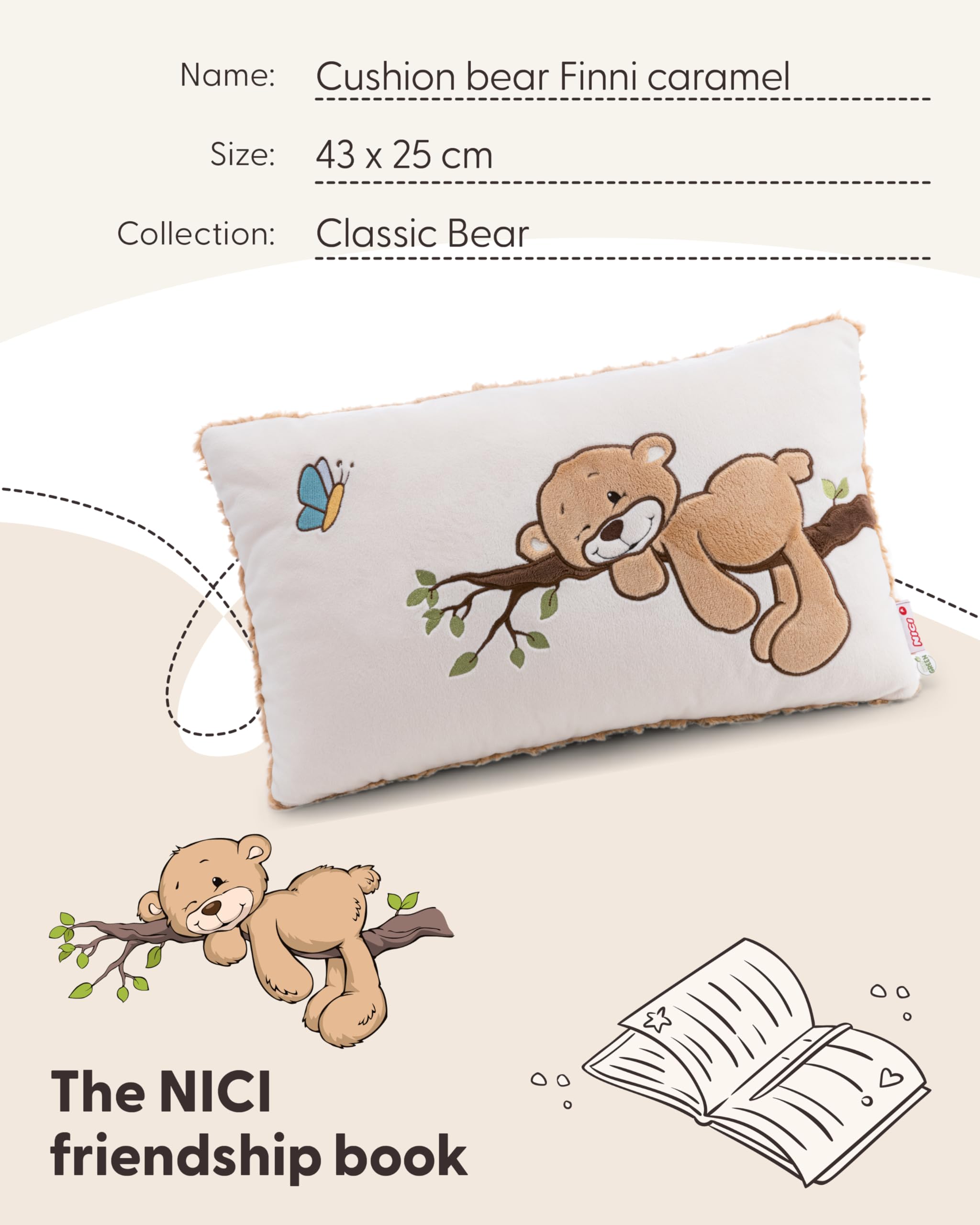 NICI 62974 pluszowa poduszka, miś Finni, puszysta poduszka do przytulania dla dzieci i dorosłych, idealna do domu, przedszkola lub na podróż, 43 x 25 cm, karmelowa