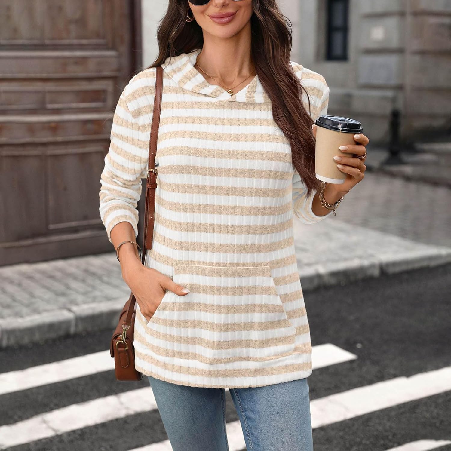 Oplxuo Striped for Women Ribbed Knit Sweatshirt Front Pocket Long Sleeve Loose Fit Casual Pullover Tops