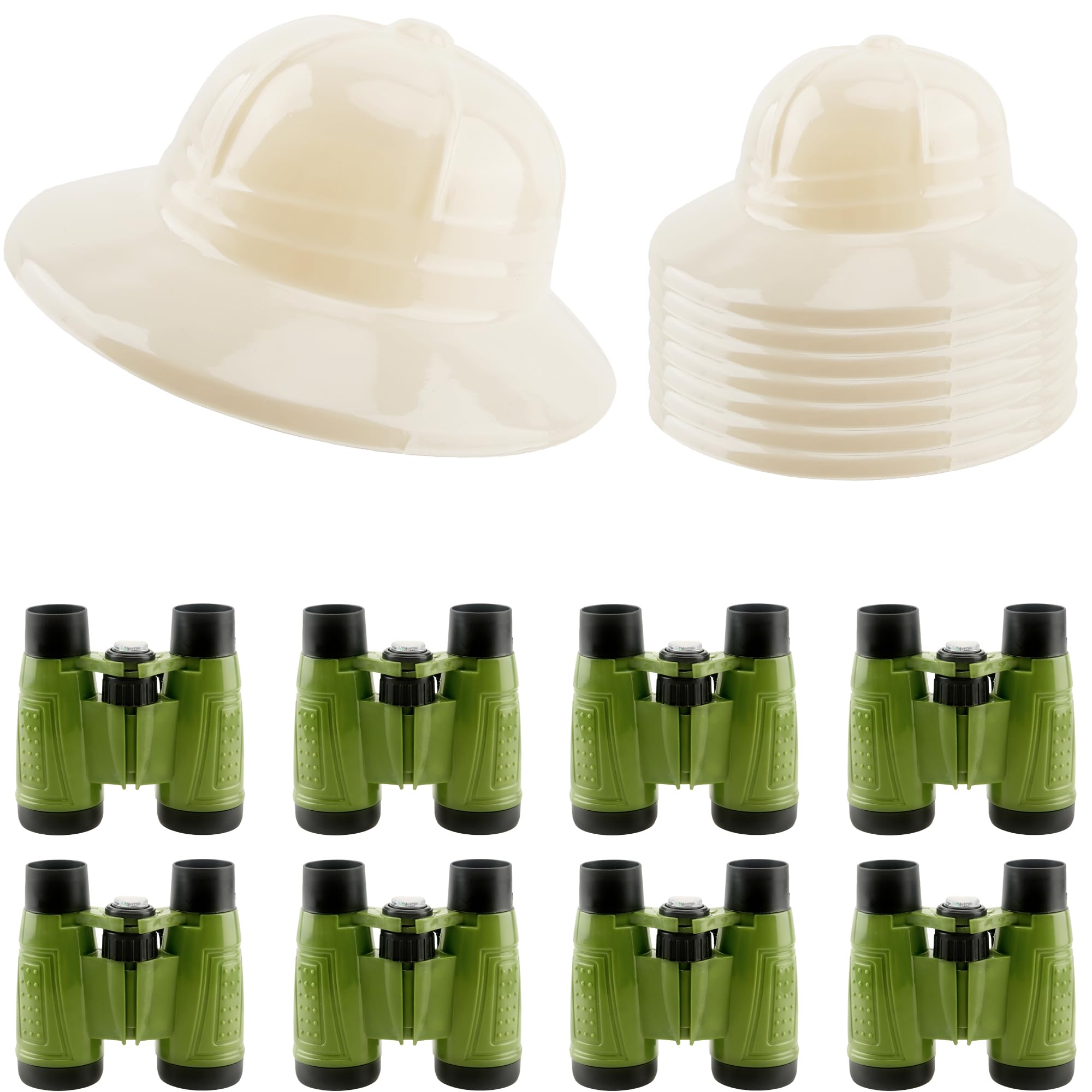 Puteraya 16 Pcs Kids Safari Party Favors Kit 8 Plastic Binoculars Toys 8 Explorer Hats for Boys Girls Bird Watching Costume Dress Up Gifts Jungle Pretend Play
