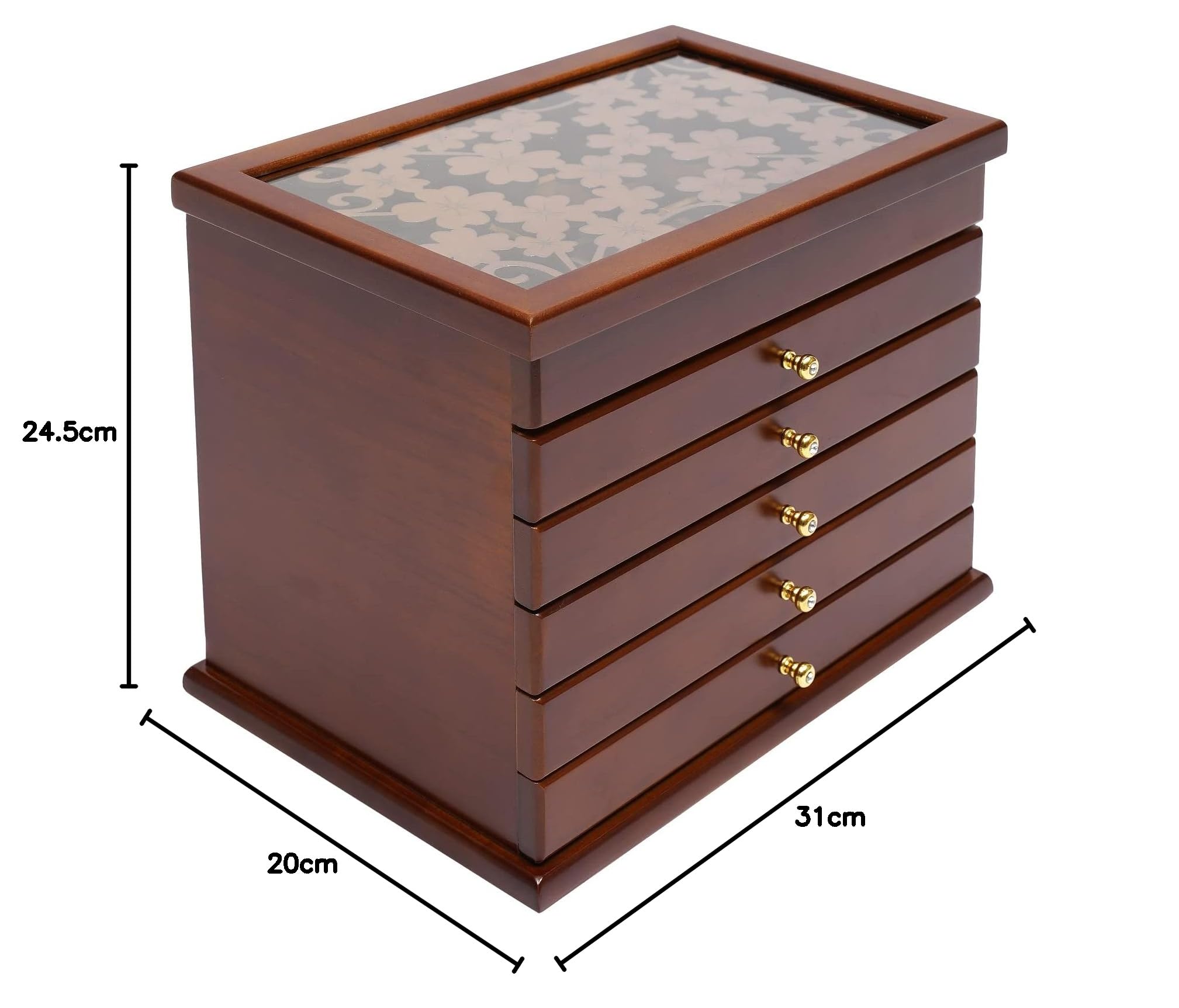 WooDerson Joyero con 5 cajones, joyero de madera, diseño tallado, forro interior de tela de terciopelo, rectangular, caja de joyas para relojes, collares, pendientes, 31 x 20 x 24,5 cm (nogal)