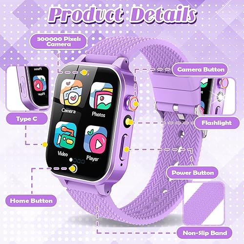 Miniatura 7 de Reloj Inteligente para Niñas de 3-12 Años con 26 Juegos de Rompecabezas Cámara de Video HD Pantalla Táctil Reproductor de Música Tarjetas de
