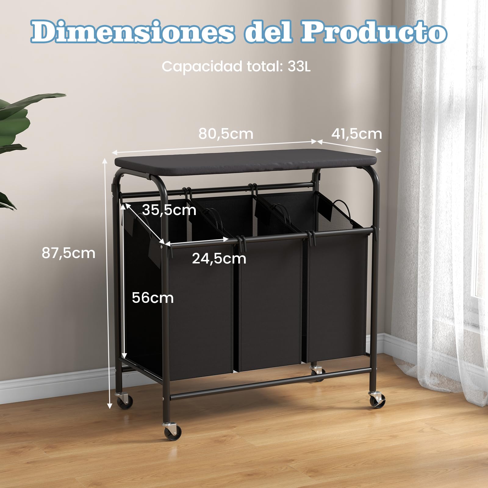 COSTWAY Cesto para Ropa Sucia con Tabla de Planchar, Cesta Colada con 3 Bolsas Extraíbles, 3 x 33L, Cesta de Lavandería para Cuarto de baño, Lavandería, Dormitorio, Negro y Gris