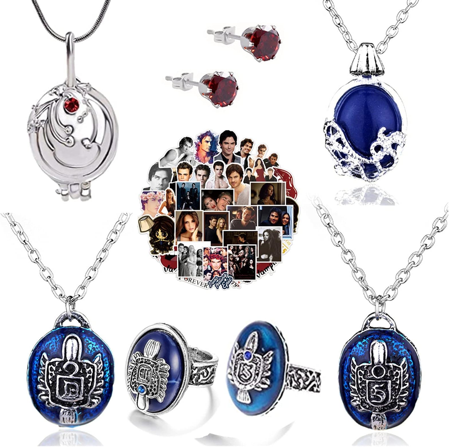 18 Set Replace The Vampire Diaries Daywalking Katherine Sapphire Crystal Pendant Necklaces Ring Earrings and 10 Pcs Vampire Diaries Stickers Movie Jewelry Set Cosplay For Fans, Metal, metal
