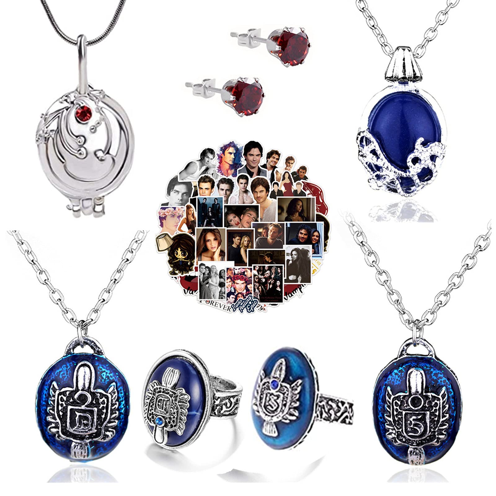 18 Set Replace The Vampire Diaries Daywalking Katherine Sapphire Crystal Pendant Necklaces Ring Earrings and 10 Pcs Vampire Diaries Stickers Movie Jewelry Set Cosplay For Fans, Metal, metal