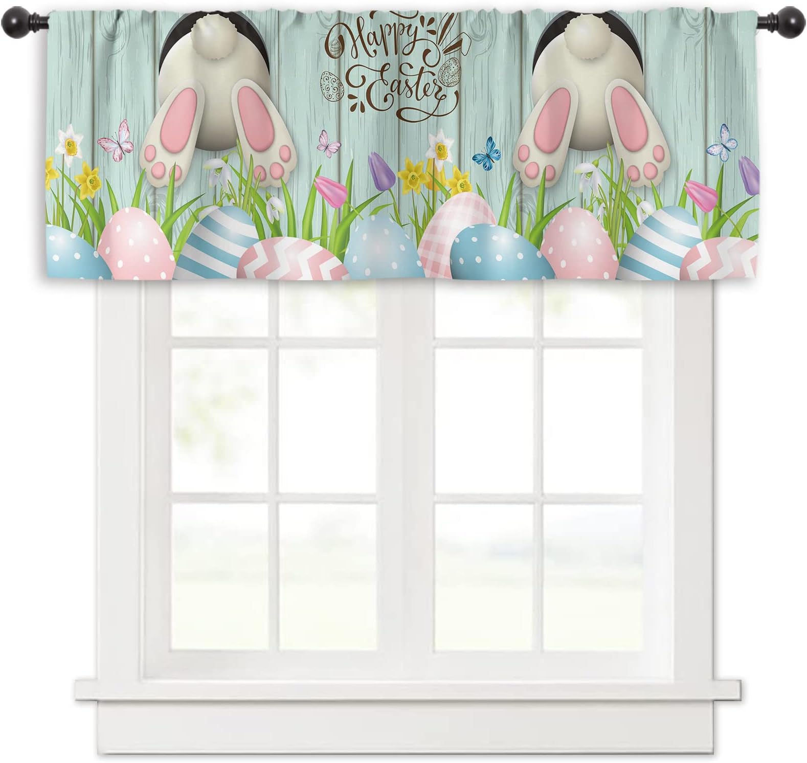 Miyotaa Easter Bunny Kitchen Valance 52W x 18H Rod Pocket Cute Farm Rabbit Eggs Wood Barn Polyester Window Curtains Drapery Treatment for Bedroom Living Room 1 Panel