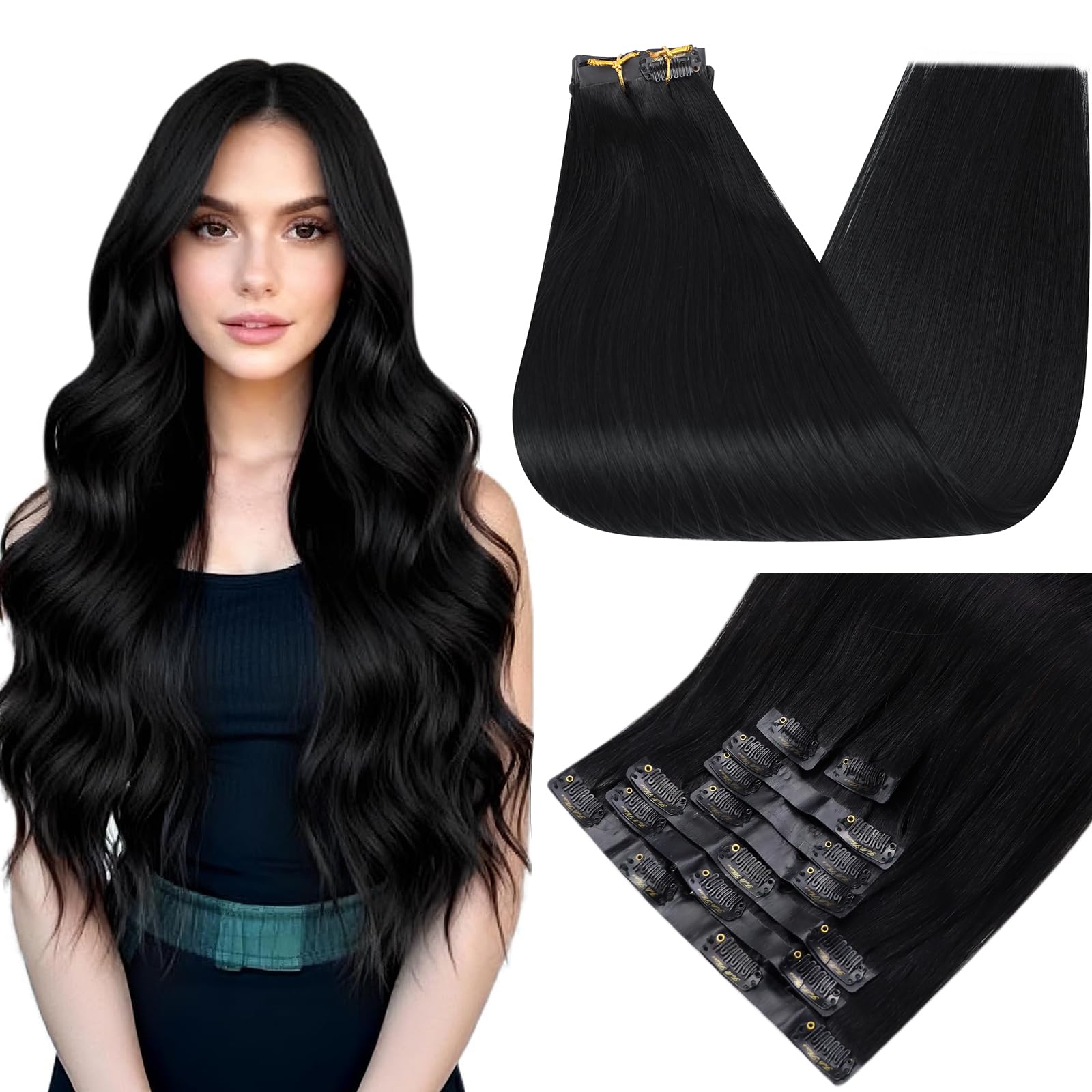 Full Shine Jet Black Seamless Clip in Hair Extensions Human Hair, Short Straight Black Clip Ins for Women, Soft Natural Look 12 Inch 95g 8 Pcs