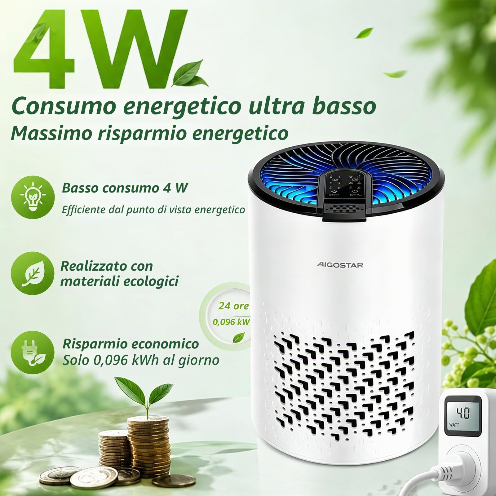 Aigostar Purificatore d'aria, Filtro HEPA a 4 Strati con Carbone Attivo, Aromaterapia, Elimina Odori, Polline e Peli Animali, Modalità Sleep a 15dB Ultra Silenziosa, per Allergie, Camera da Letto