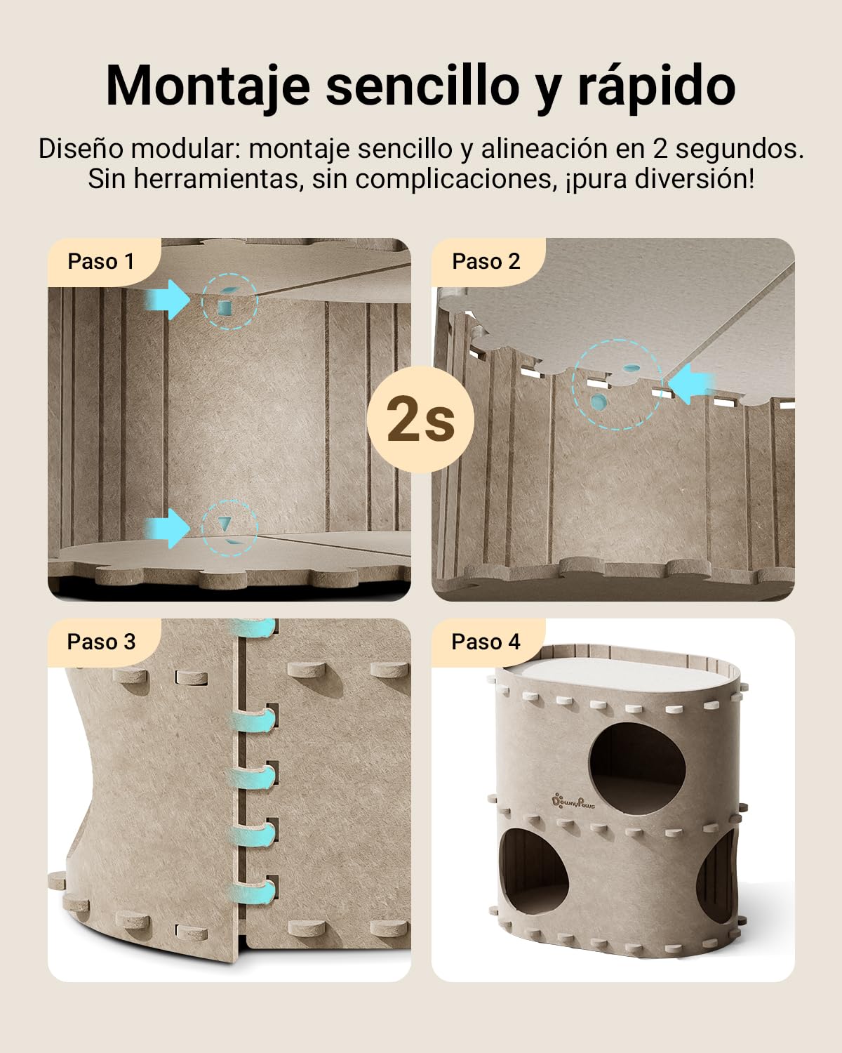 DownyPaws Cama para Gatos de Felpa, 2 Pisos Casa Gato 50x33x50 cm, Castillo de Juego, Diseño Acogedor, Protector de Uñas, Beige