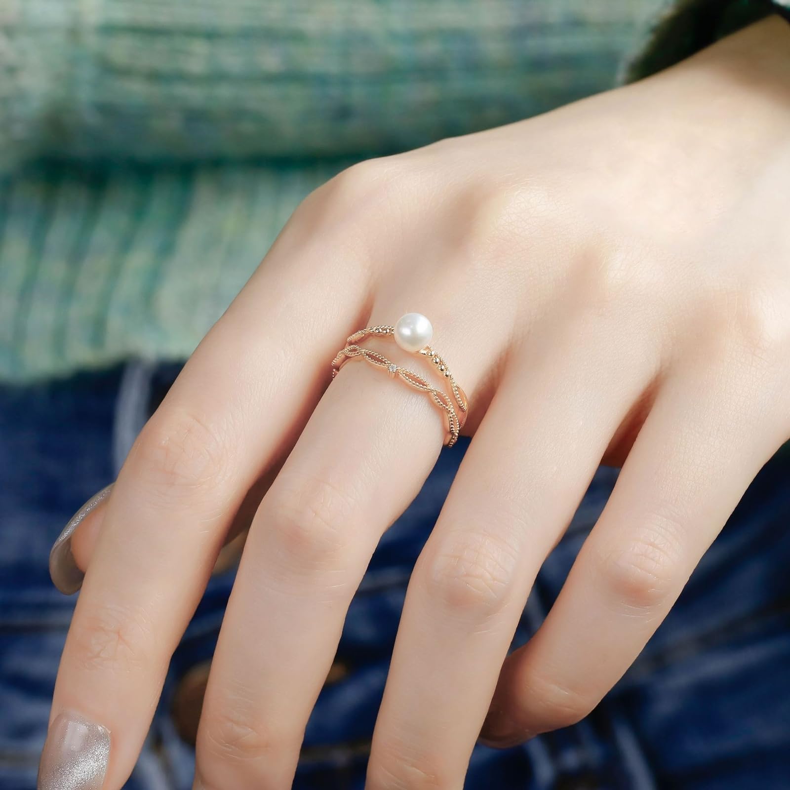 Anillo de compromiso infinito de oro amarillo de 9 quilates, 14 quilates y 18 quilates para mujer con perla y moissanita