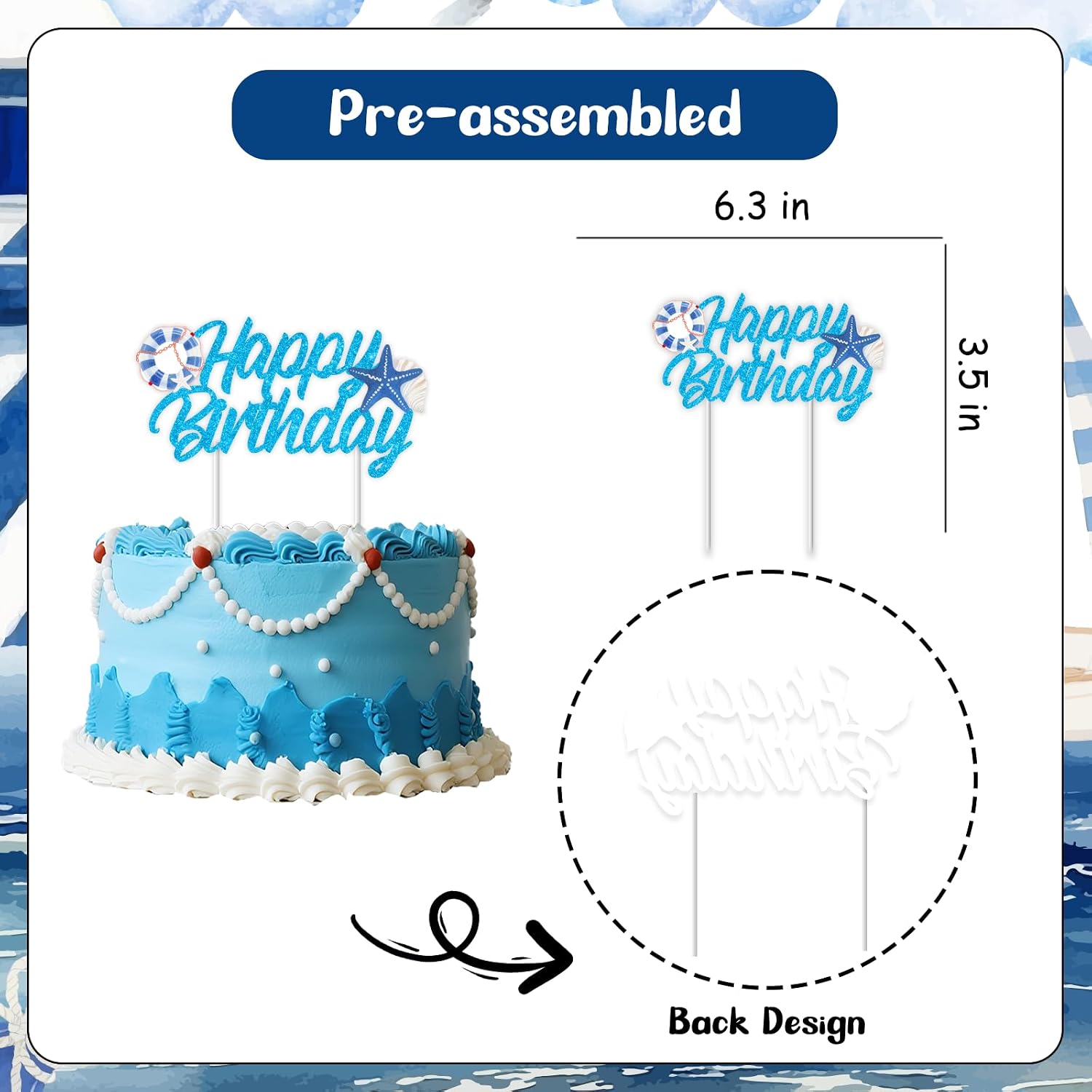 Blue Nautical Birthday Cake Topper Glitter Nautical Birthday Party Decorations 6.29*3.5 Inches Life Ring Shell Cake Decor Sailing Into One Party Cruise Little Captain Ocean Sailor Boat Decor