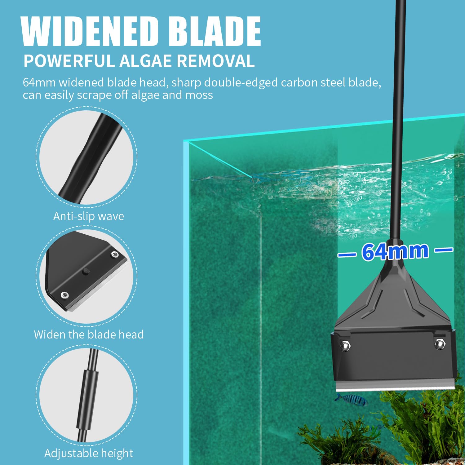 JSMTKJ Kit de Nettoyage pour Aquarium - Grattoir à Algues pour Aquarium avec Tige Amovible de 62 cm, 15 Lames de Rechange en Acier Inoxydable pour Nettoyer l'aquarium
