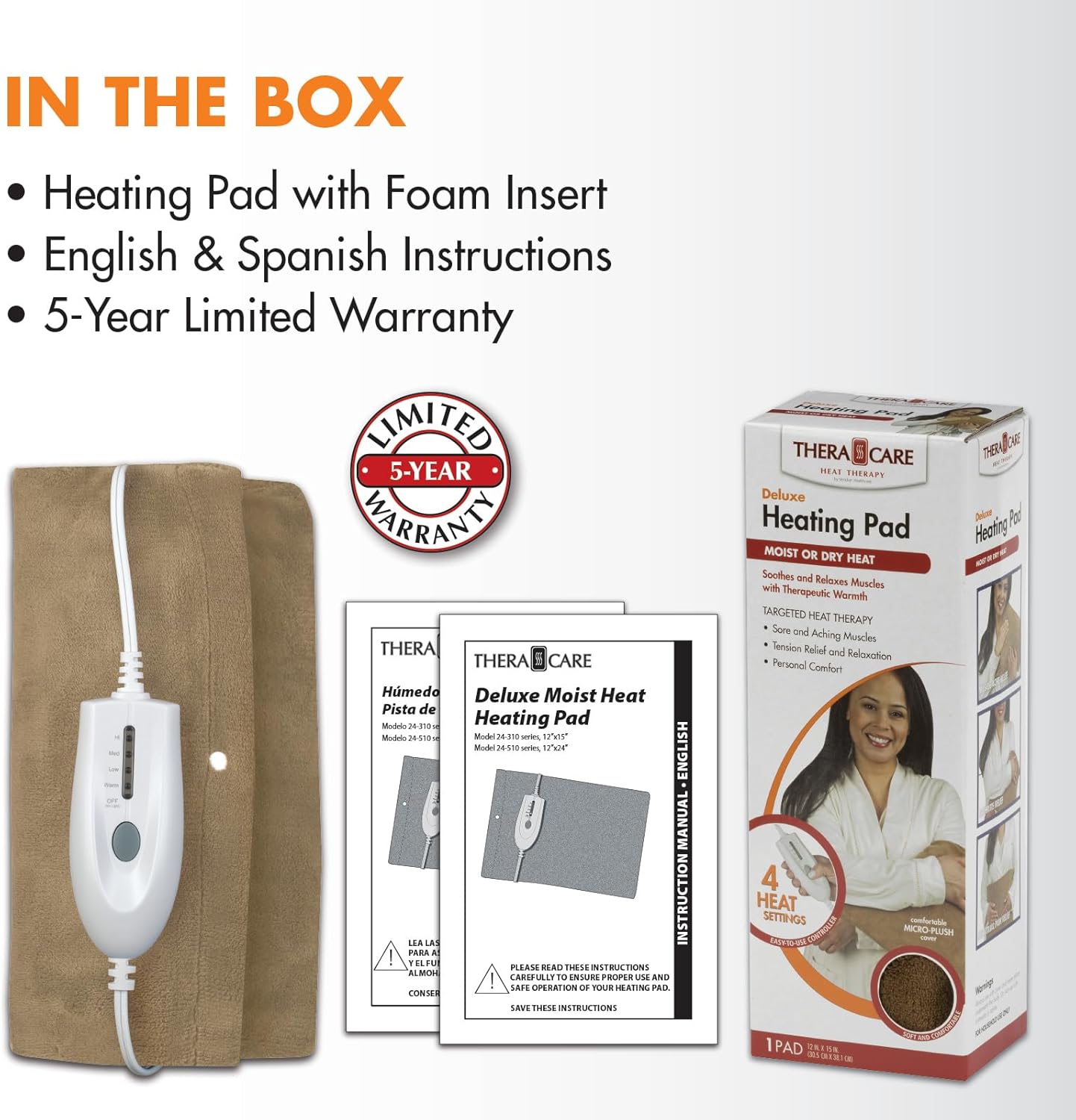 Thera Care Deluxe Heating Pad box and contents including pad, controller, and instruction manual