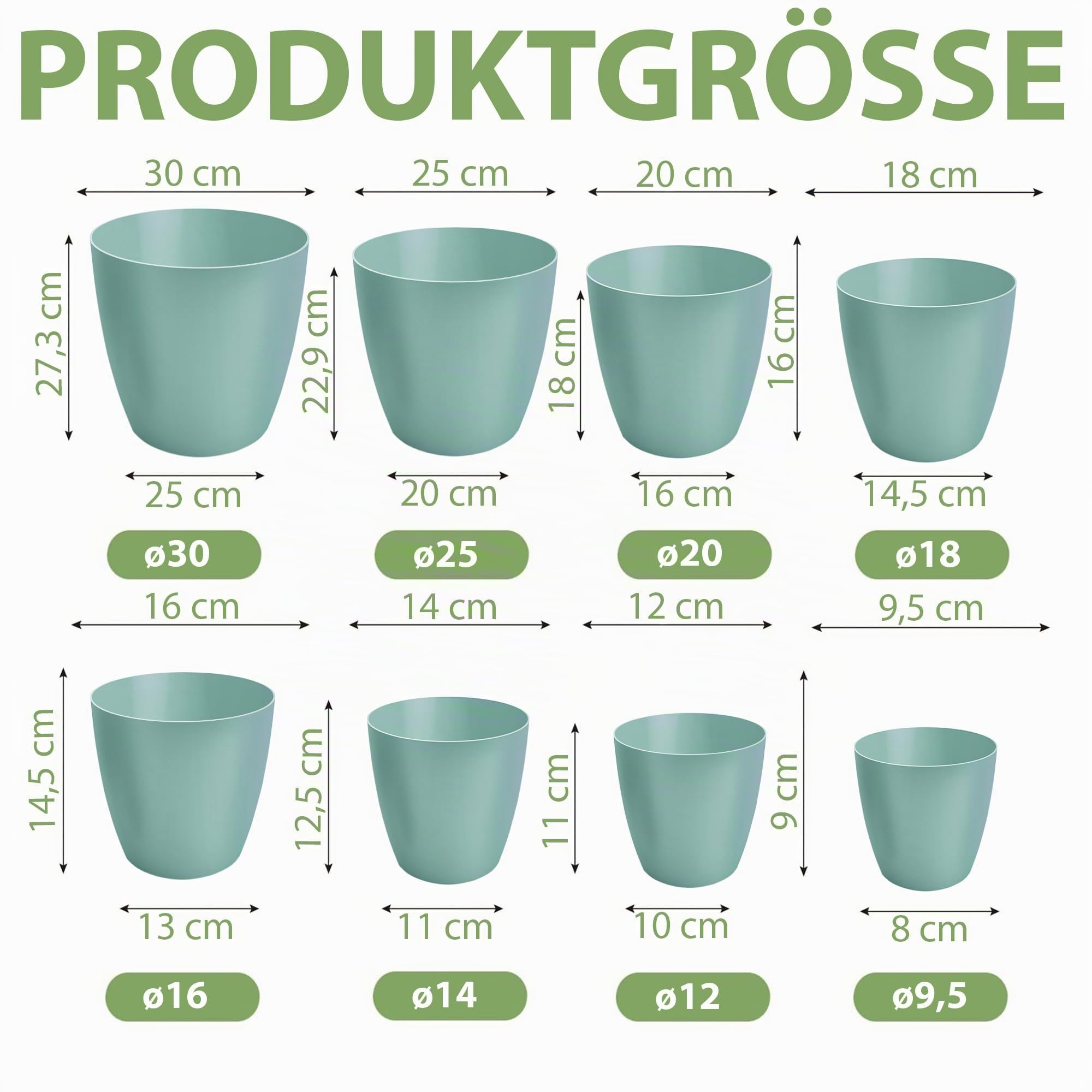 Blumentopf matt, 8er-Set blumenkübel, 9,5/12/14/16/18/20/25/30 cm Pflanzkübel aus Übertopf Kunststoff Topf für, groß und klein Pflanzen, 8er-Set blumenkübel kräutertopf, Grün