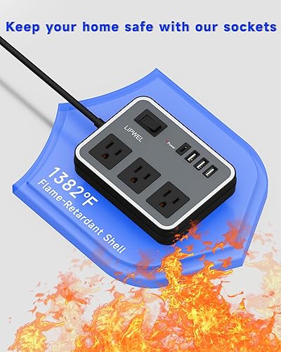 Miniatura 4 de Regleta de alimentación de 3 tomas con 3 puertos de carga USB y 1 puerto USB-C, cable de extensión de 1200 W, cable de alimentación de 5 pies,