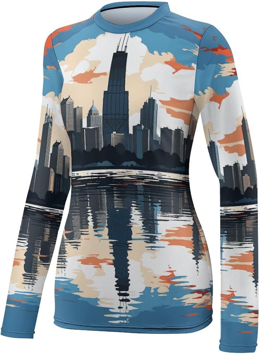 Chicago Skyline Rash Guard for Women UPF 50+ UV Sun Protection | Long Sleeve Workout Top Quick Dry Athletic Hiking Shirt Moisture Wicking Swim Shirt for Running, Cycling, Swimming
