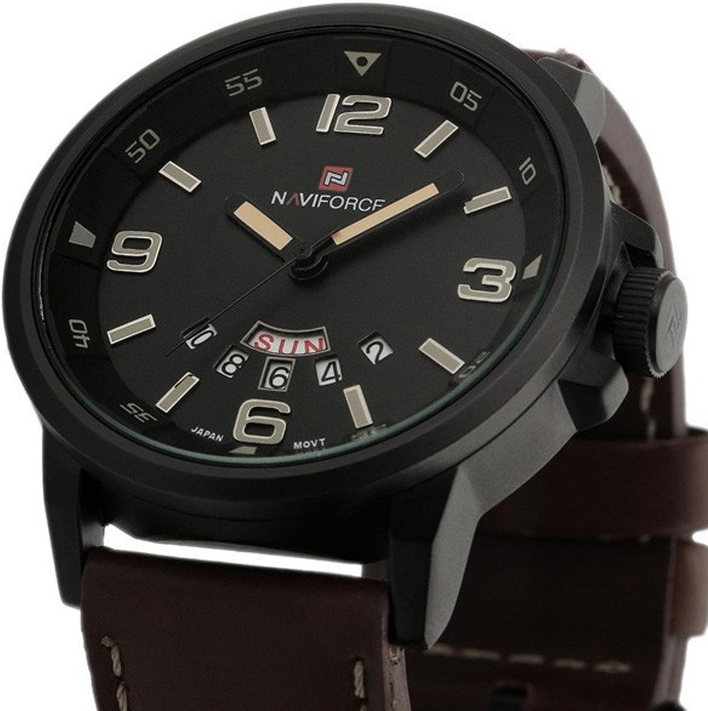 Fanmis Mens Quartz Watch Military Watches Brown Corium Leather Strap Army Black Dial Wristwatch