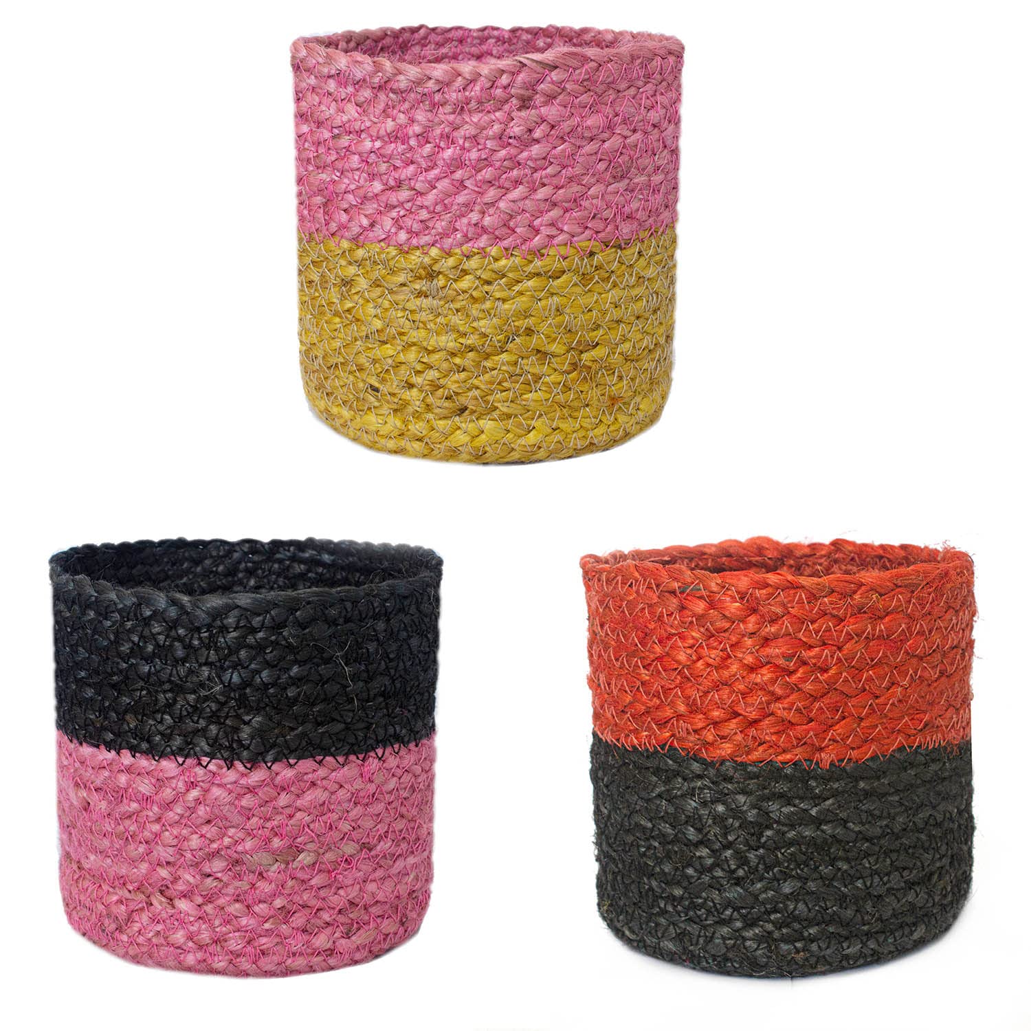 WOODLERY Circular Jute Multi Purpose Storage Basket Durable & Stylish for Nursery Home Organizing Pack of 3 (Pink & Yellow, Black & Pink, Red & Black_6x6inch)