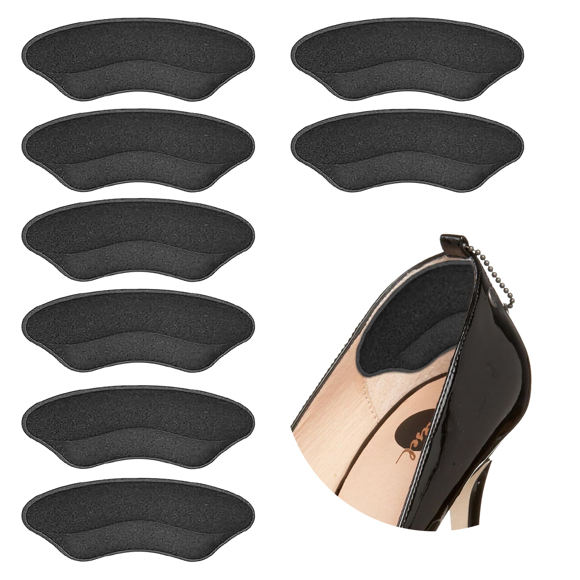 Comfwalk Almohadillas de agarre para el talón, 4 pares, autoadhesivas, inserciones en forma de labio para zapatos sueltos, prevención de ampollas y comodidad del talón (negro)