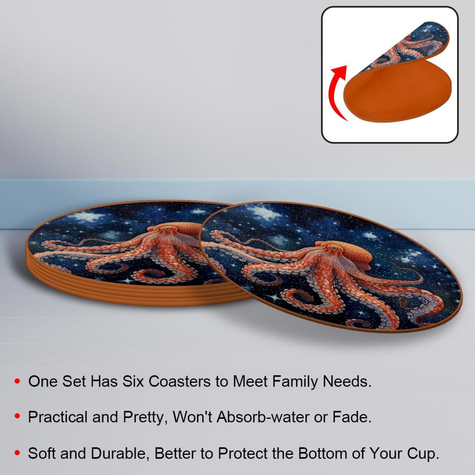 Cartoon-Galaxie-Oktopus-Untersetzer für Getränke, 6 Stück, Tisch-Schutzmatte für Weingläser, Tassen und Tassen, wiederverwendbar im Büro, Küche, Bar, 10,9 cm