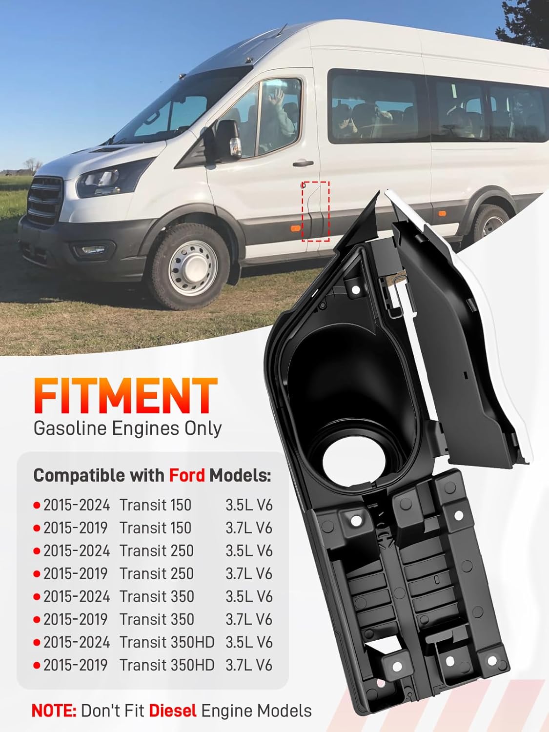 Fuel Filler Door Housing Pocket Hinge Gas Door with White Cover Compatible with 2015-2024 Ford Transit 150 250 350 350HD 3.5L 3.7L V6, Fuel Gas Tank Filler Pip Replace# CK4Z-5427936-A CK4Z5427936J