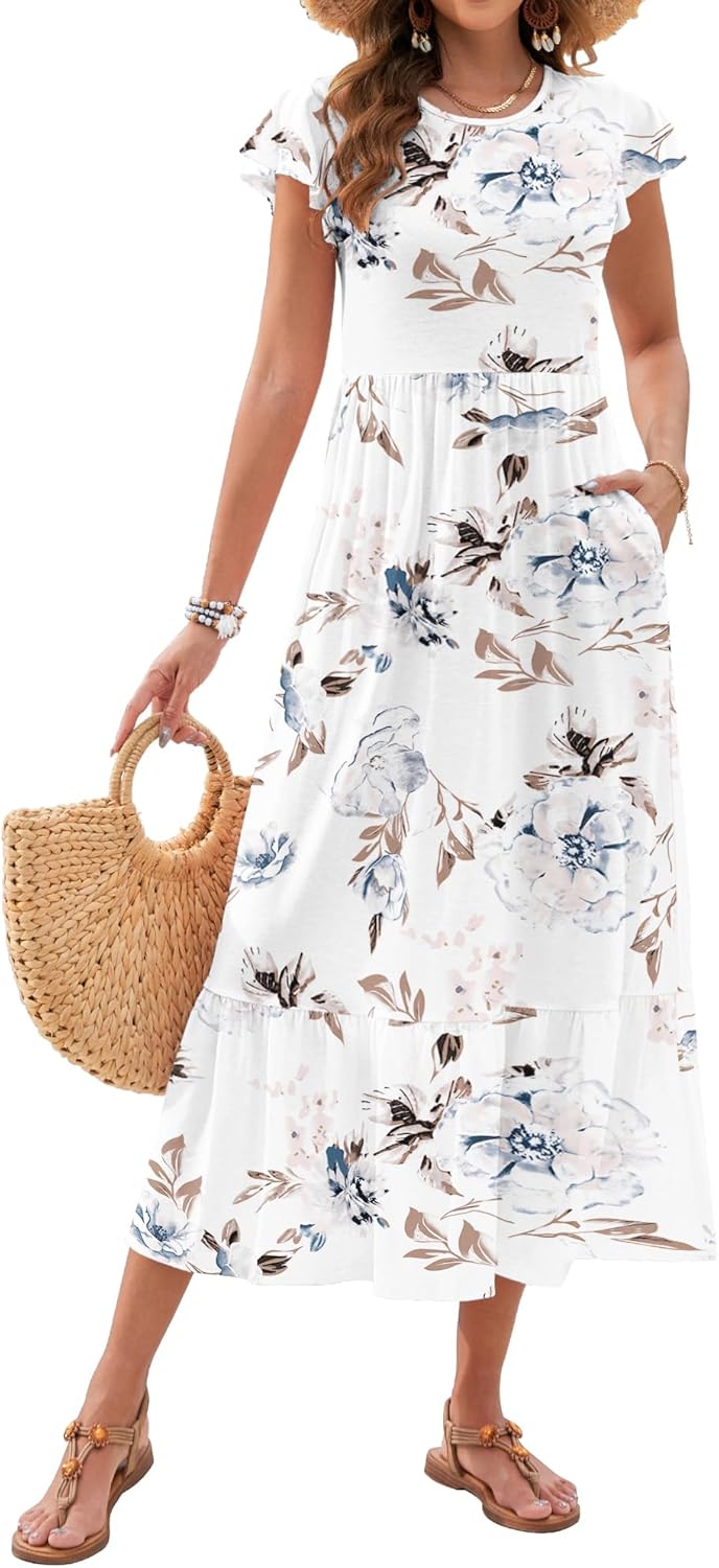 AUSELILY Womens Summer Maxi Dresses 2026 Casual Ruffle Sleeve Crewneck Loose Flowy Tiered Beach Sundress with Pockets