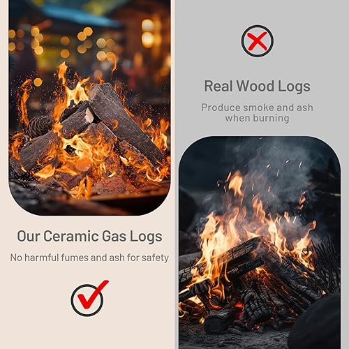 Miniatura 4 de Happygrill Juego de troncos de cerámica para chimenea, 10 piezas, troncos de madera de cerámica para insertos de gas interiores, chimeneas