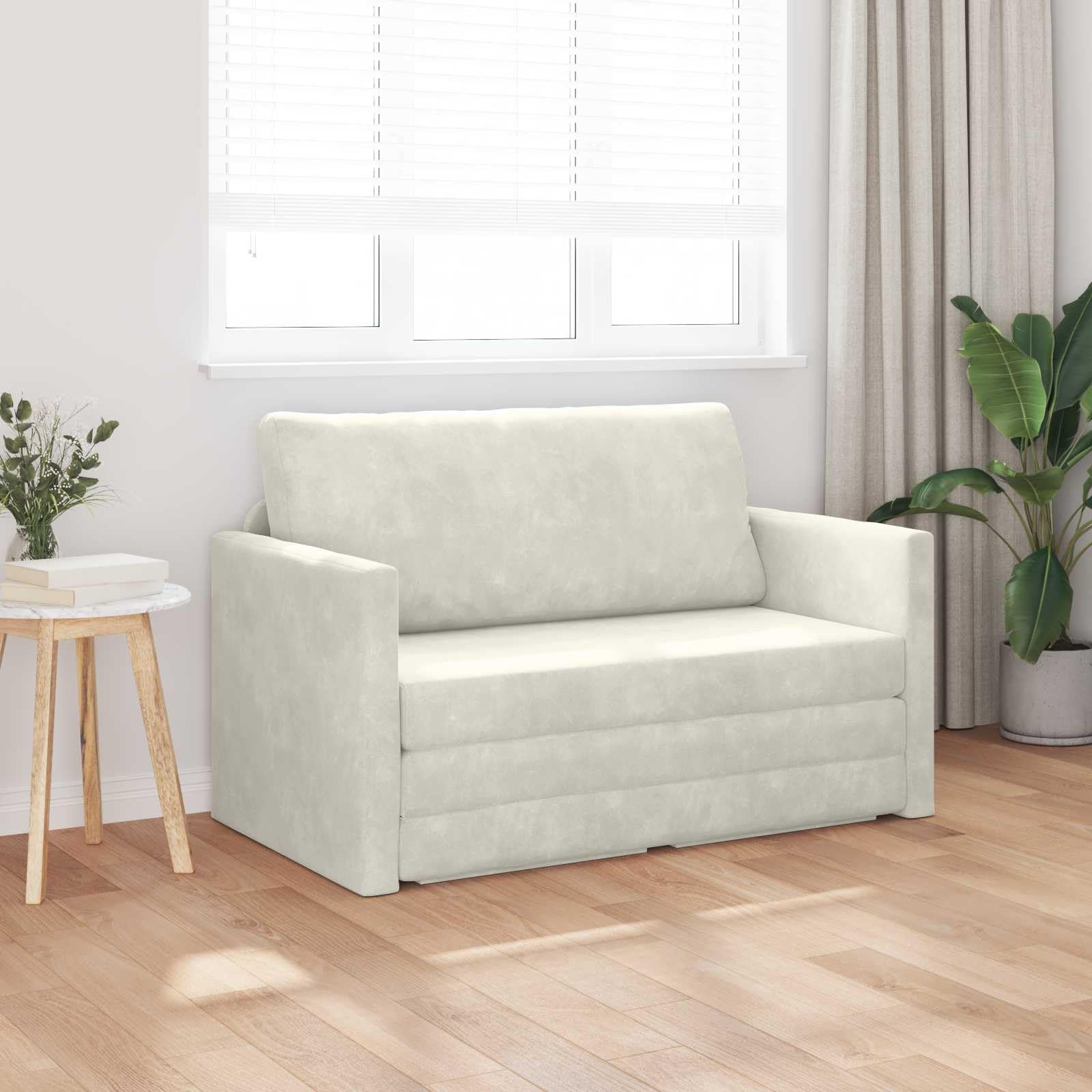 Sofa z funkcją spania i tapicerką, kremowa, 124 x 71 x 78 cm, z funkcją spania i tapicerką, rozkładana sofa do salonu, z wytrzymałą metalową ramą, idealna jako funkcja relaksu i leżanka