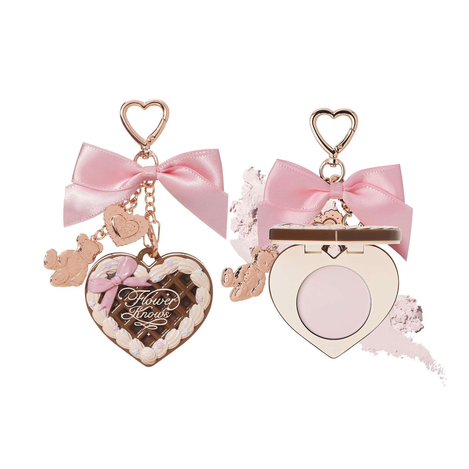 Colección Sweetie Bear: polvos fijadores Flower Know, llaveros con colgantes para bolsos, maquillaje y polvos compactos y en borla, difuminador de poros, regalo para mujeres (Cocoa)
