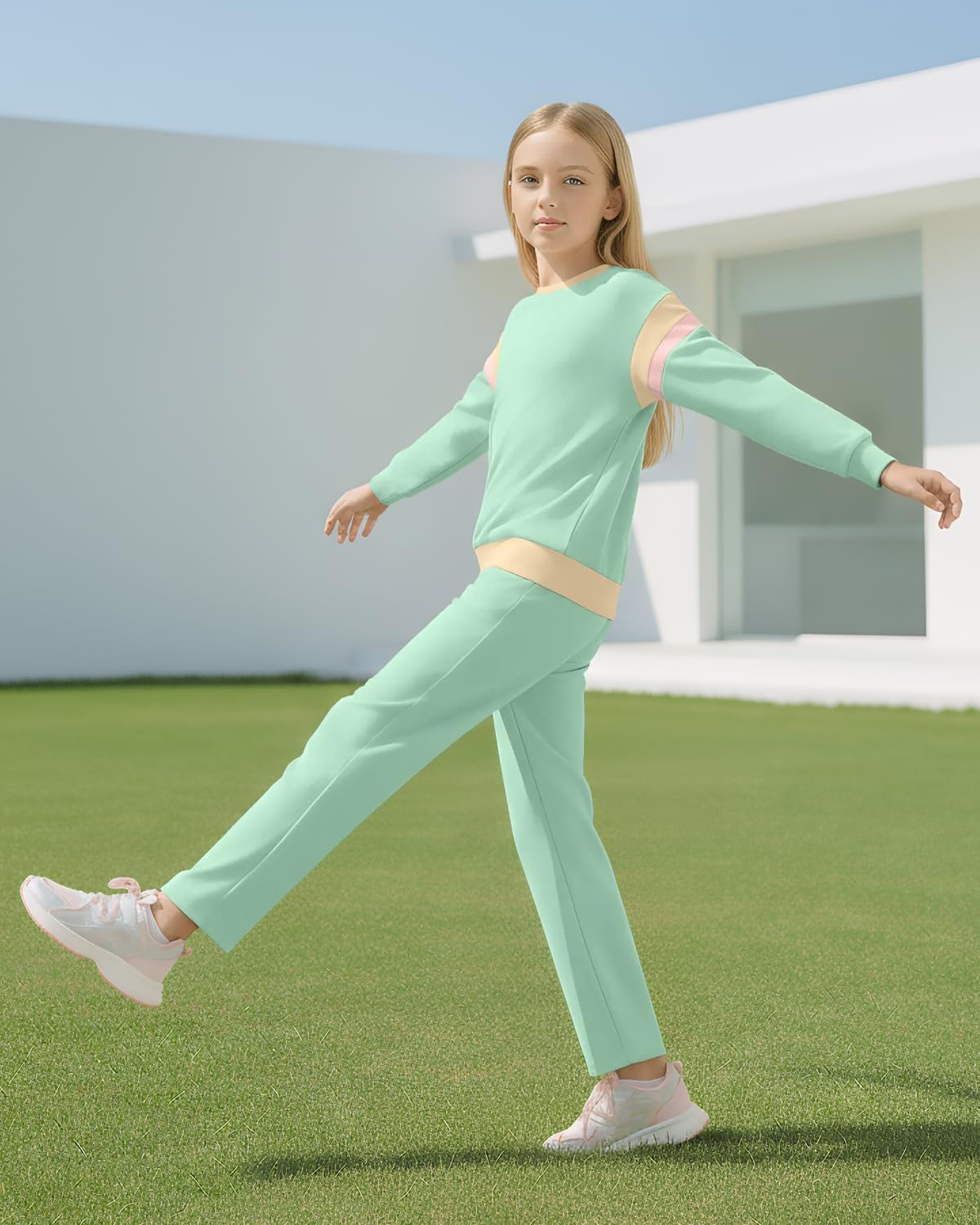 JiAmy Girls Clothing Sets 2 Piece Color Block Sweatsuit Long Sleeve Stylish Tops and Pants Clothes for 3-12 Years - Image 7