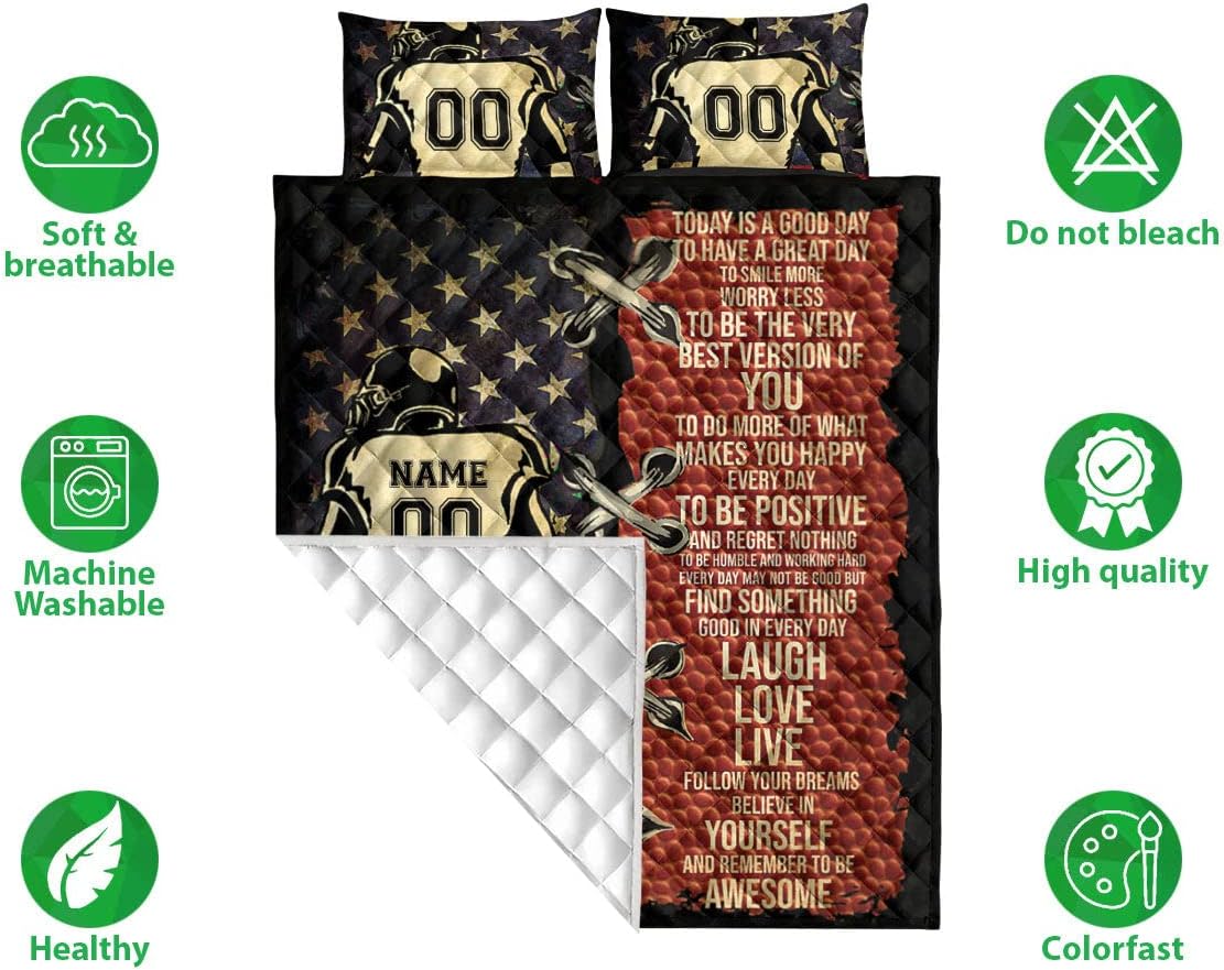 Personalized Football Quilt Set, Football Boy Us Flag Motivate Quilt Blanket with Pillowcases, Custom Name and Number Quilt Bedding Set MLANH3601