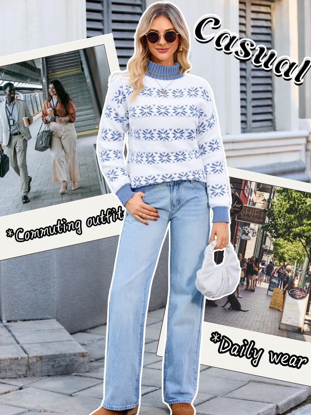 Women's Fuzzy Snowflake Sweater, Mock-Neck Long Sleeve Loose Pullover, Winter Warm Knit Top for Casual & Holiday - Image 7