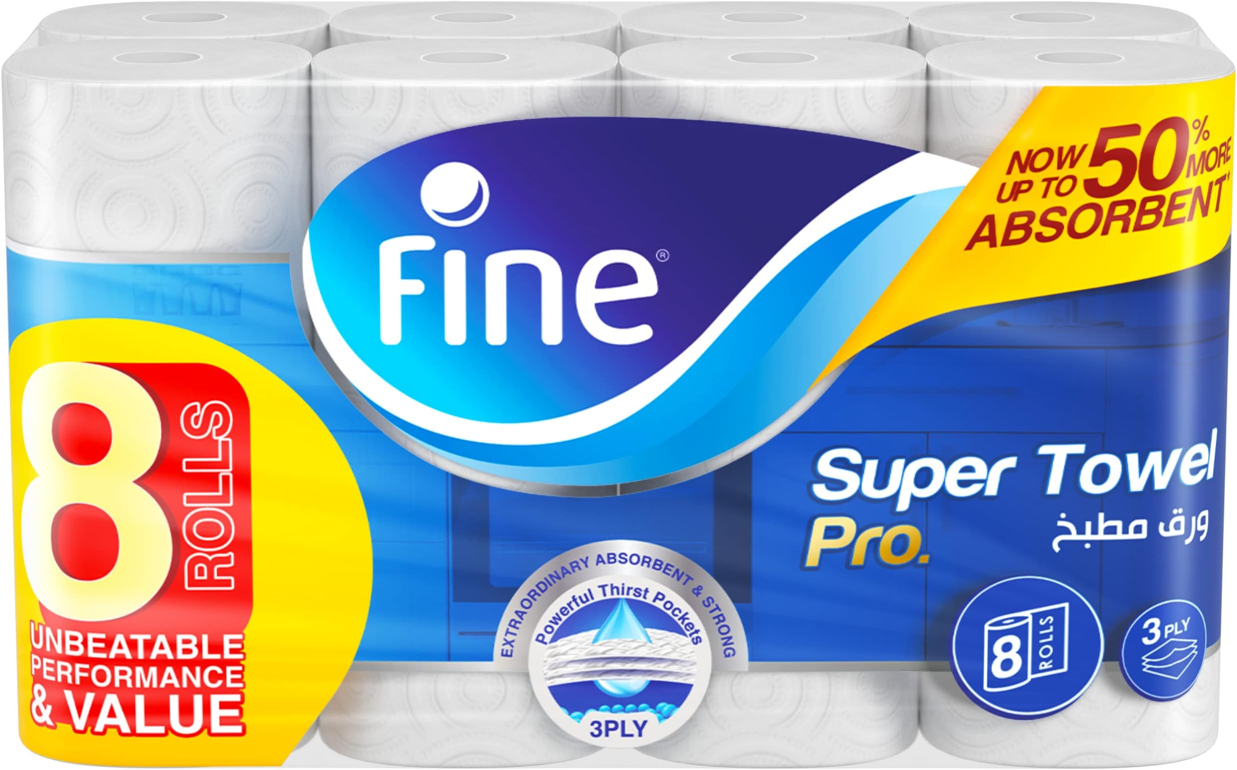 Kitchen Super Towel Pro, 8 Rolls 60 Sheets x 3 Ply Paper Tissue