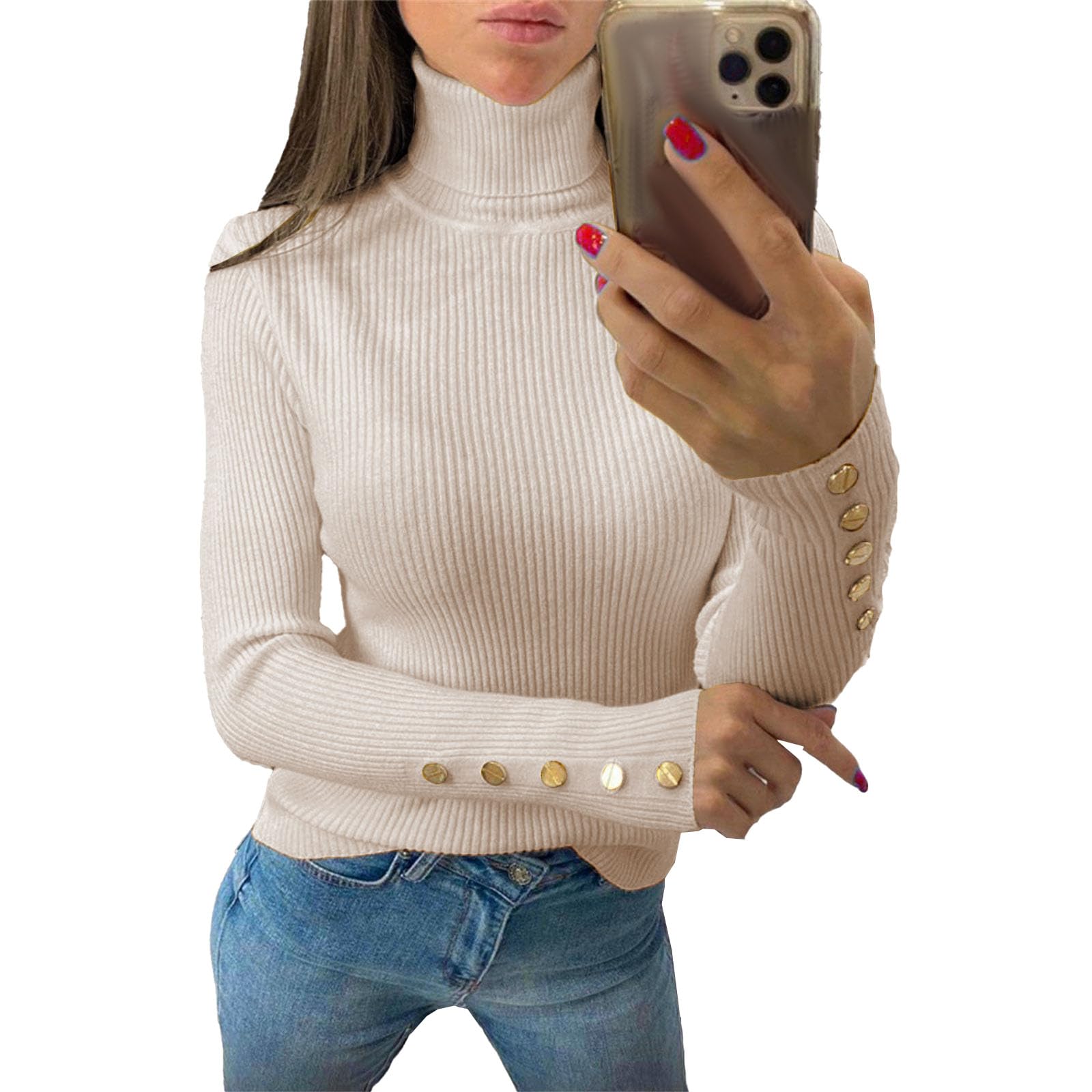 Cute Sweaters for Women Womens Fitted Lightweight Turtleneck Sweater Soft Knit Pullover with Metal Button