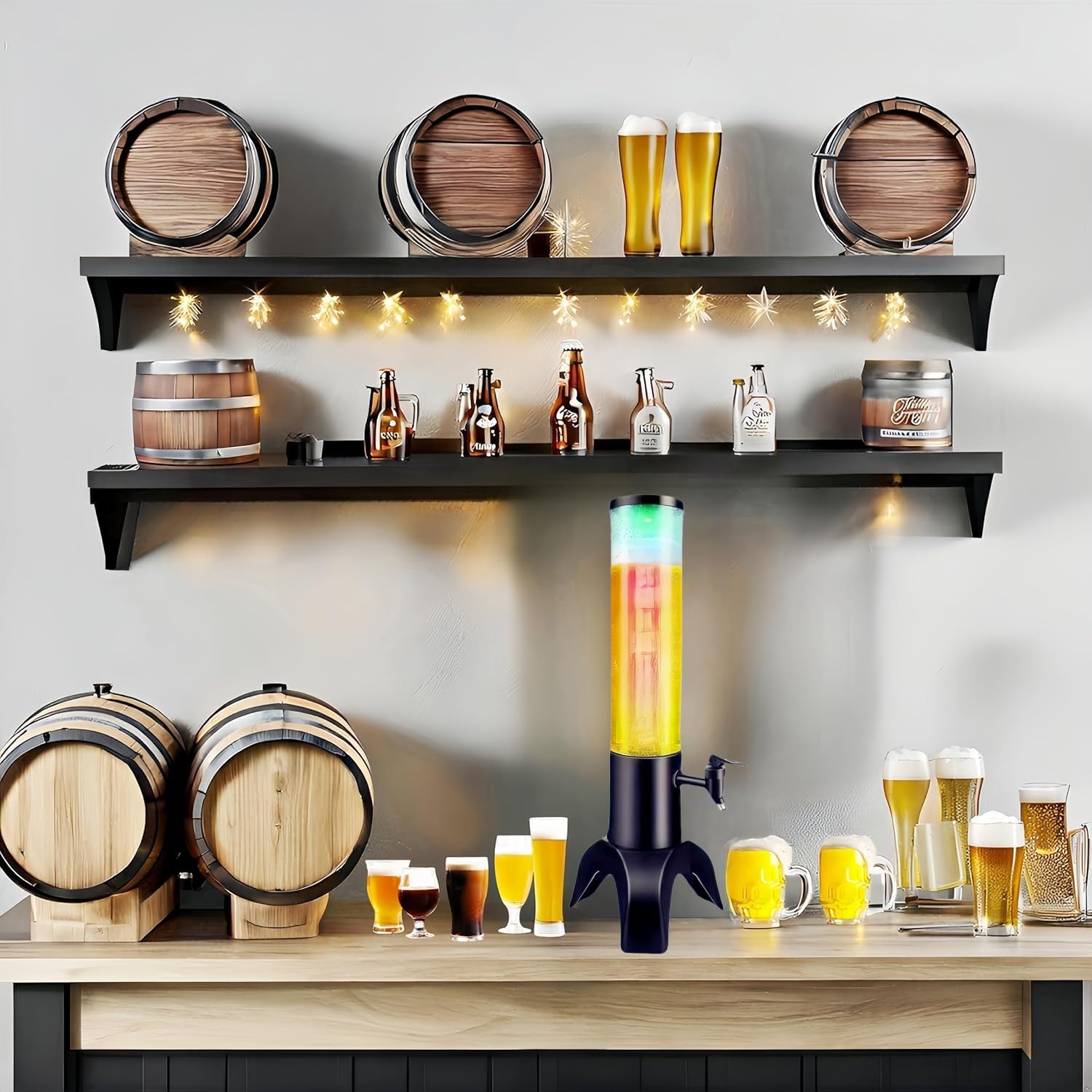 Torre de bebidas: dispensador de torre de mimosa de 1.5 L con tubo de hielo y luz LED, dispensador de cerveza de mesa de 50 onzas/1.58 cuartos de galón para fiestas, bares, pubs, restaurantes
