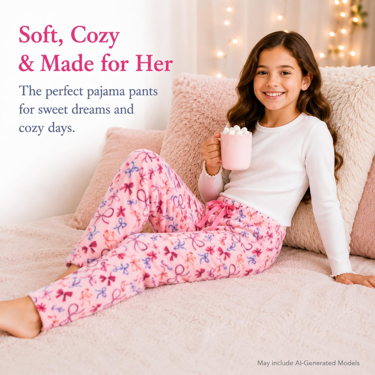 Rene Rofe Girls Pajama Pants 2 Pack Fleece Pajama Bottoms with Scrunchies