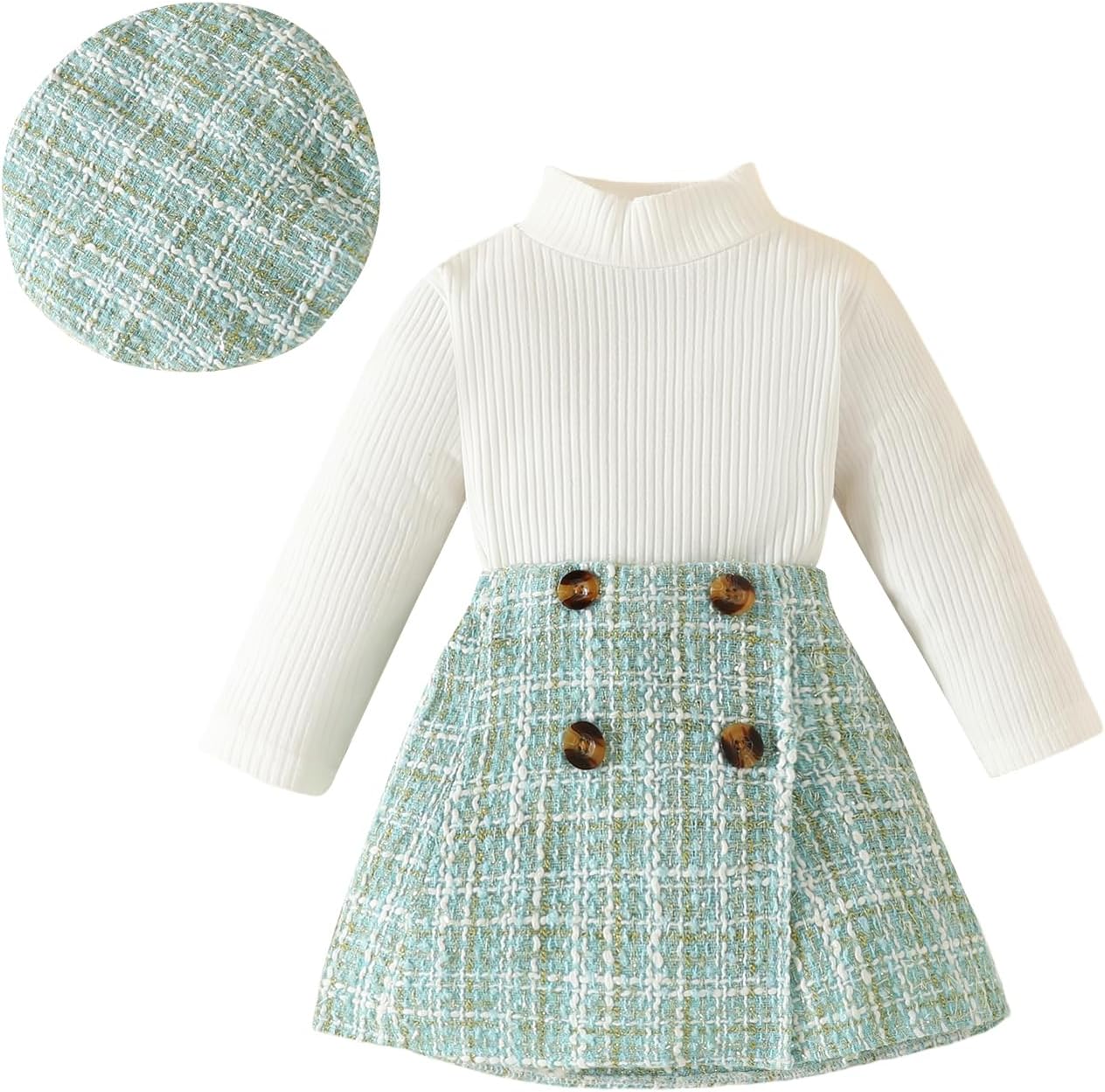 Baby Girl Outfit Clothes Autumn High Necked Long Sleeve Ribbed Toddler Girl Clothing Pullover Top Plaid A Line Short Skirt Set Girl Dress