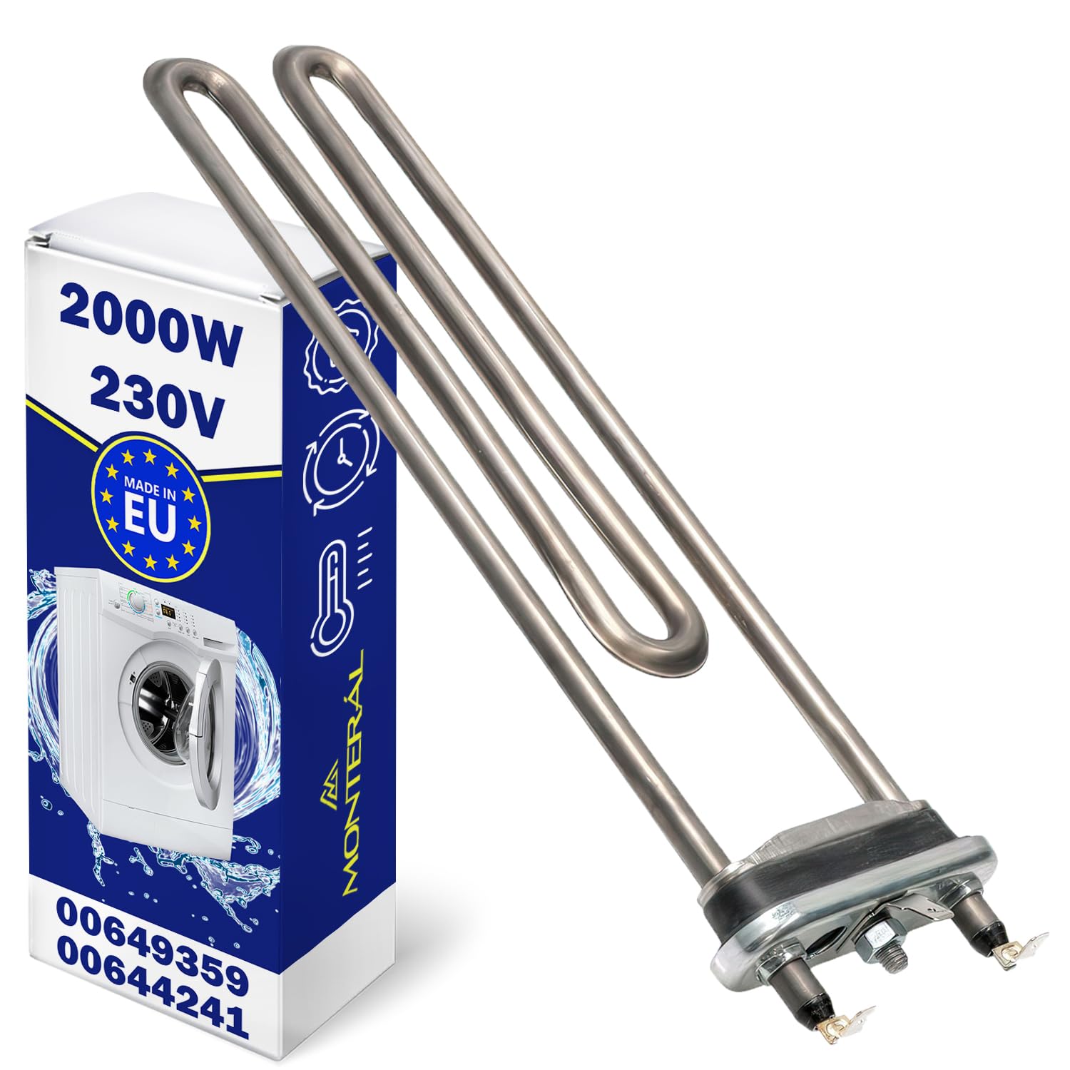 Heizstab Waschmaschine 2000W 230V mit dem Originalcode 00649359 649359 00644241 644241 für Bosch für Siemens - MADE IN EU - Garantie 10 Jahre - MONTERAL