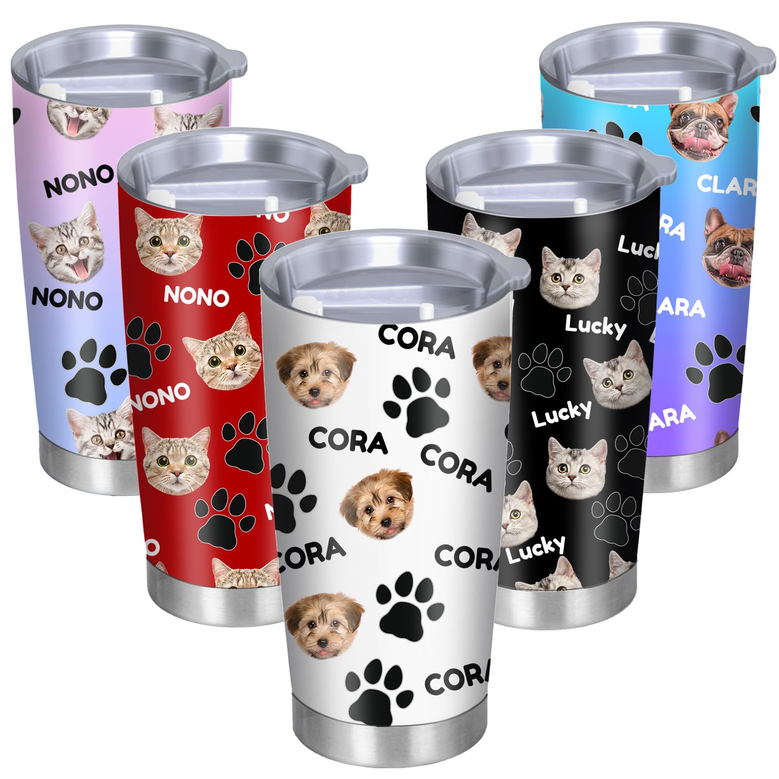YanNanKe Personalized Dog Cat Pet Face Tumblers with Pictures Lids and Straws 20 oz Custom Puppy Pet Paw Stainless Steel Tumbler Coffee Mug Cup Gifts