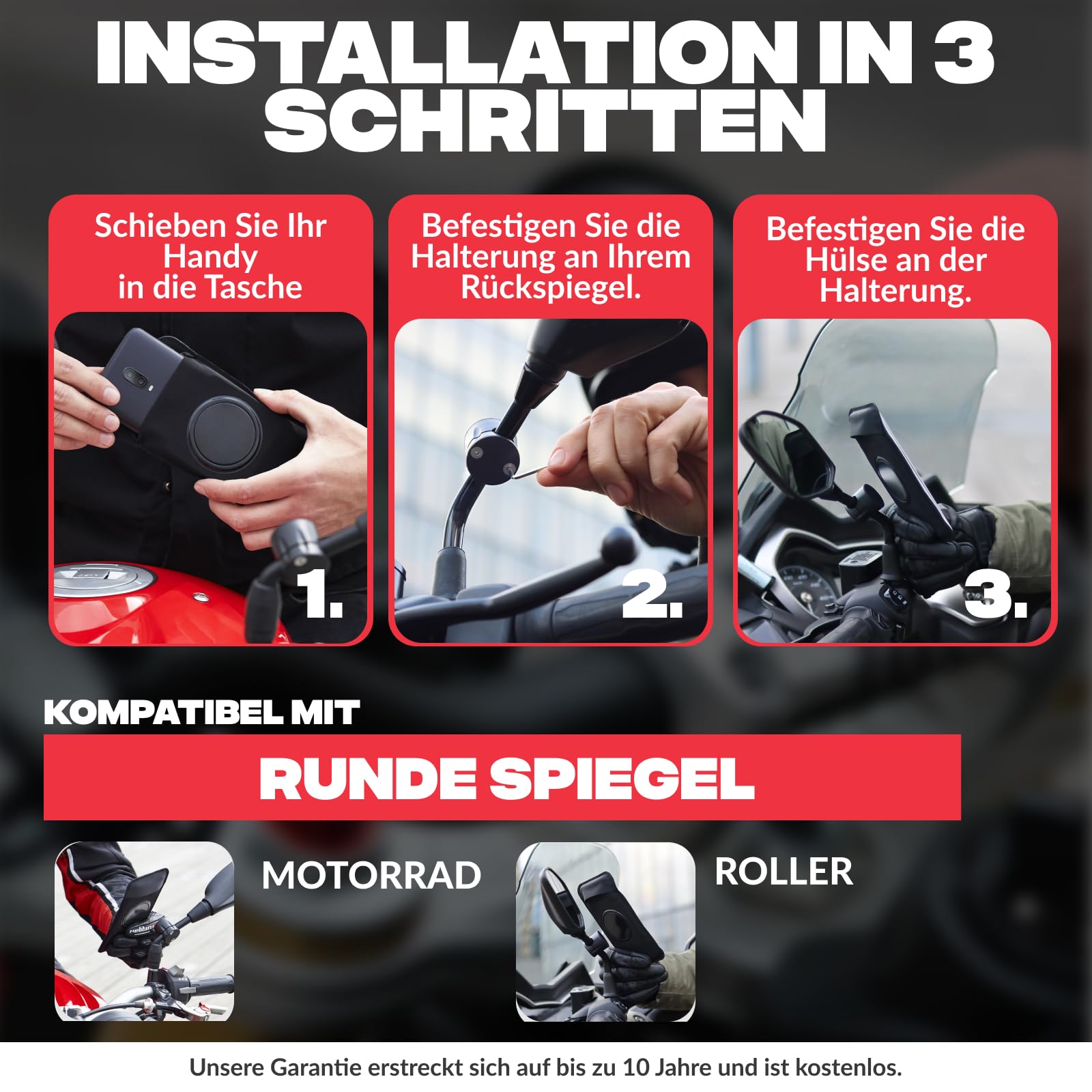 Shapeheart Handyhalterung für Motorradspiegel, abnehmbar & Weatherproof | Für alle Handys | Schraubbefestigung 8–17 mm | 1-Hand-Bedienung | Touchscreen | Dämpft Vibrationen | GPS, Roller, Scooter